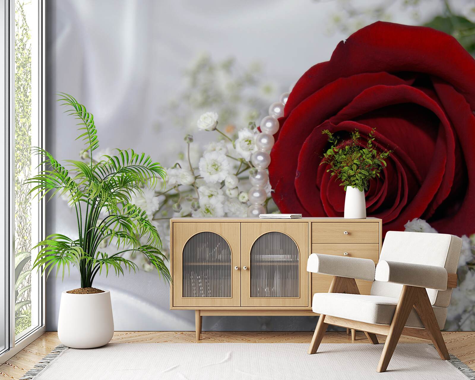 Fototapeta na hodvábe je sedmokráska obklopená červenou ružou