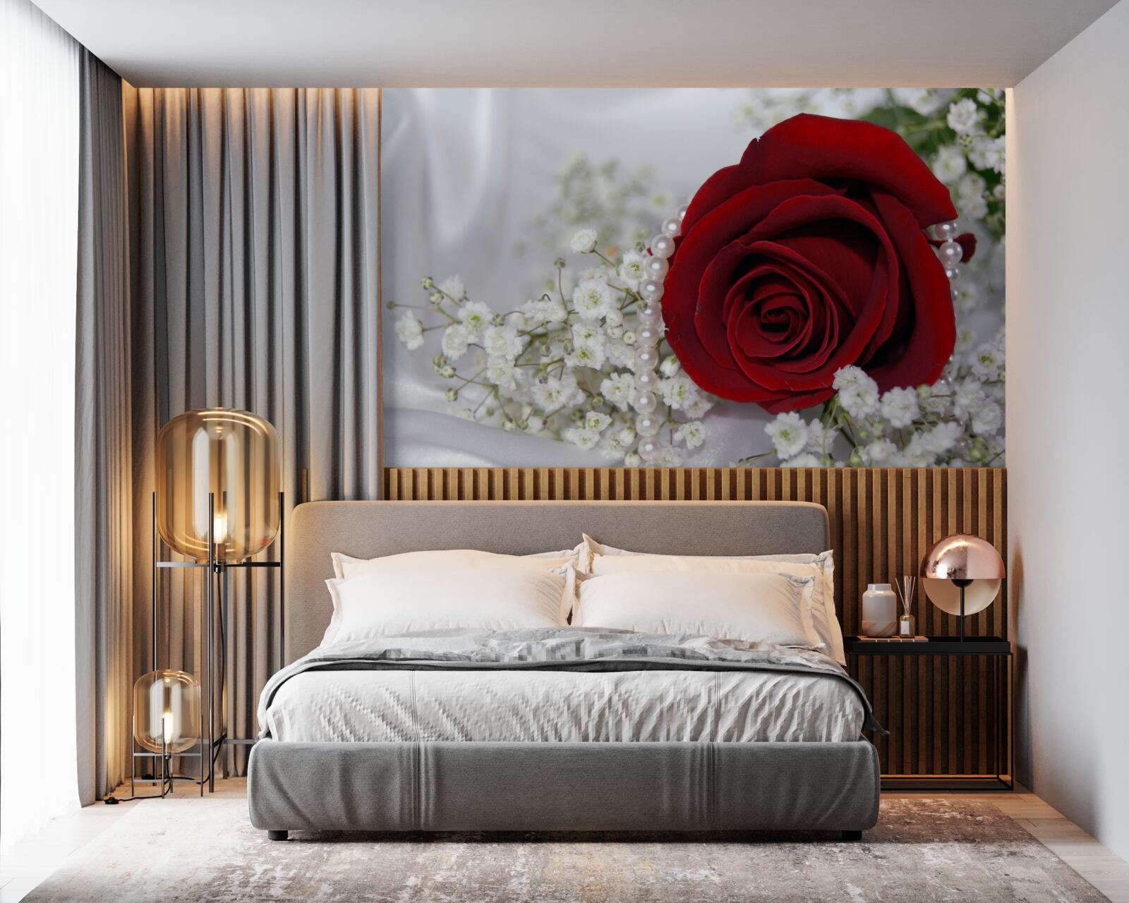 Fototapeta na hodvábe je sedmokráska obklopená červenou ružou