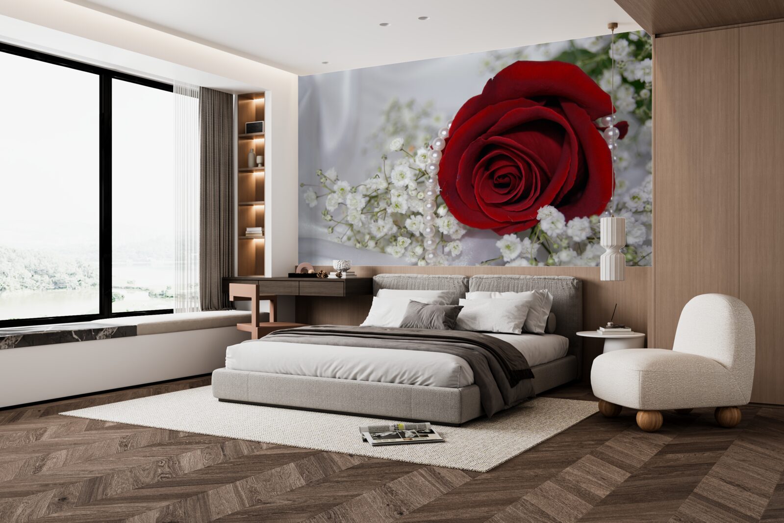 Fototapeta na hodvábe je sedmokráska obklopená červenou ružou