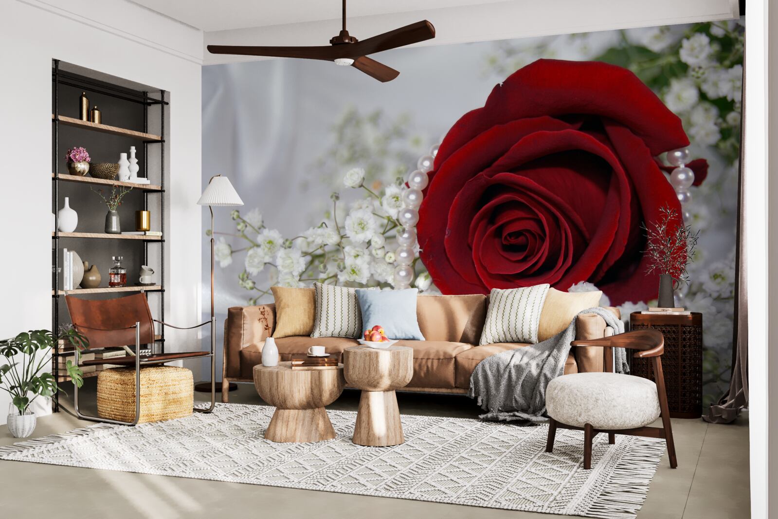 Fototapeta na hodvábe je sedmokráska obklopená červenou ružou