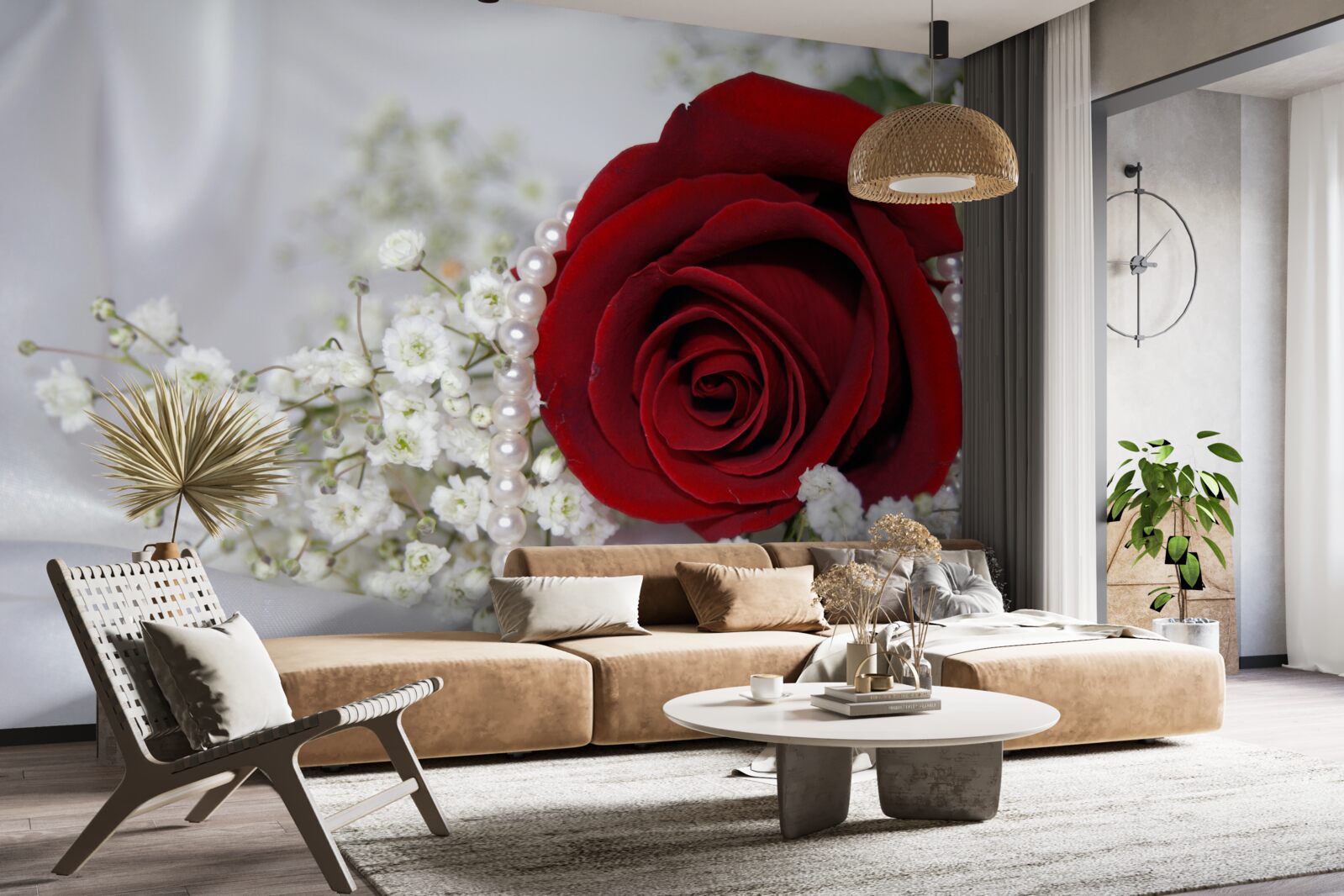 Fototapeta na hodvábe je sedmokráska obklopená červenou ružou