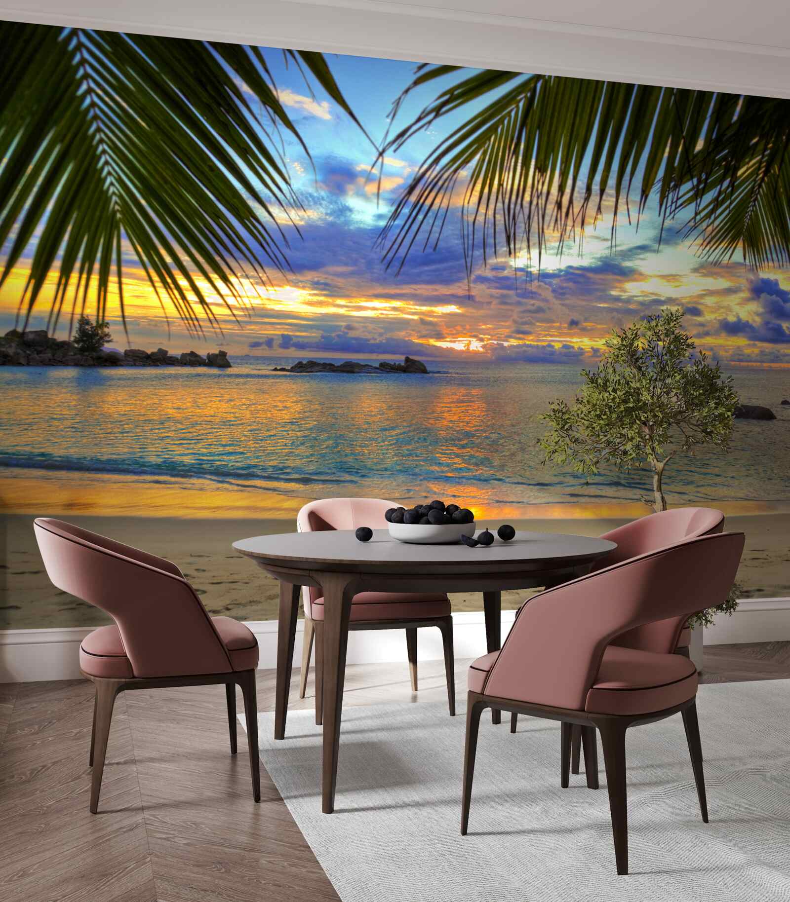 Fototapeta breh je orámovaný pokojným tropickým západom slnka