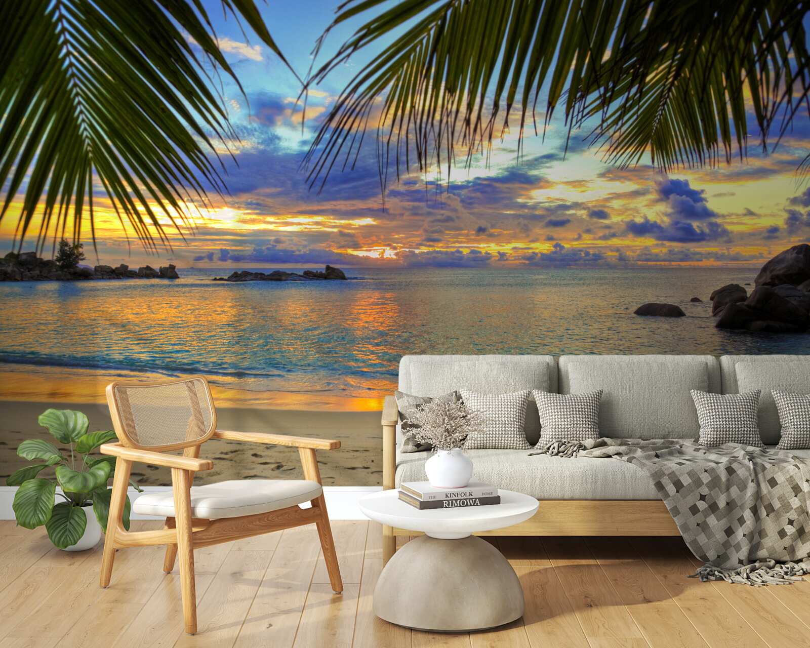 Fototapeta breh je orámovaný pokojným tropickým západom slnka