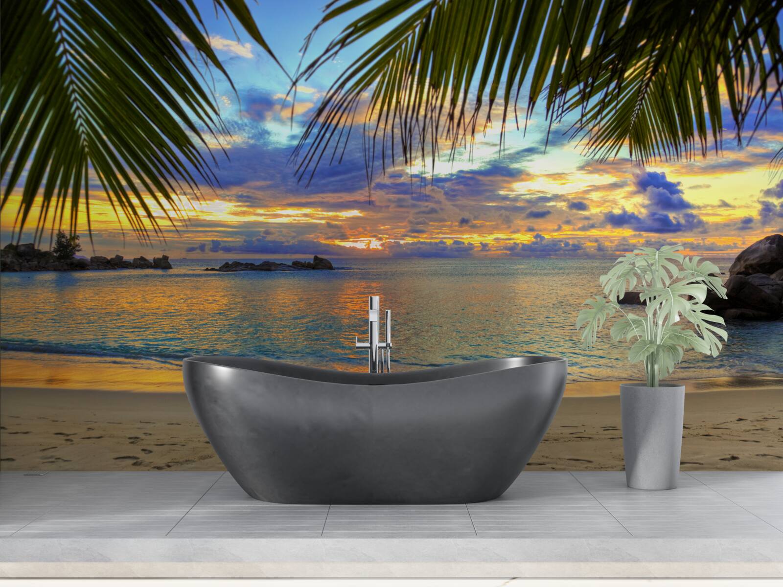 Fototapeta breh je orámovaný pokojným tropickým západom slnka