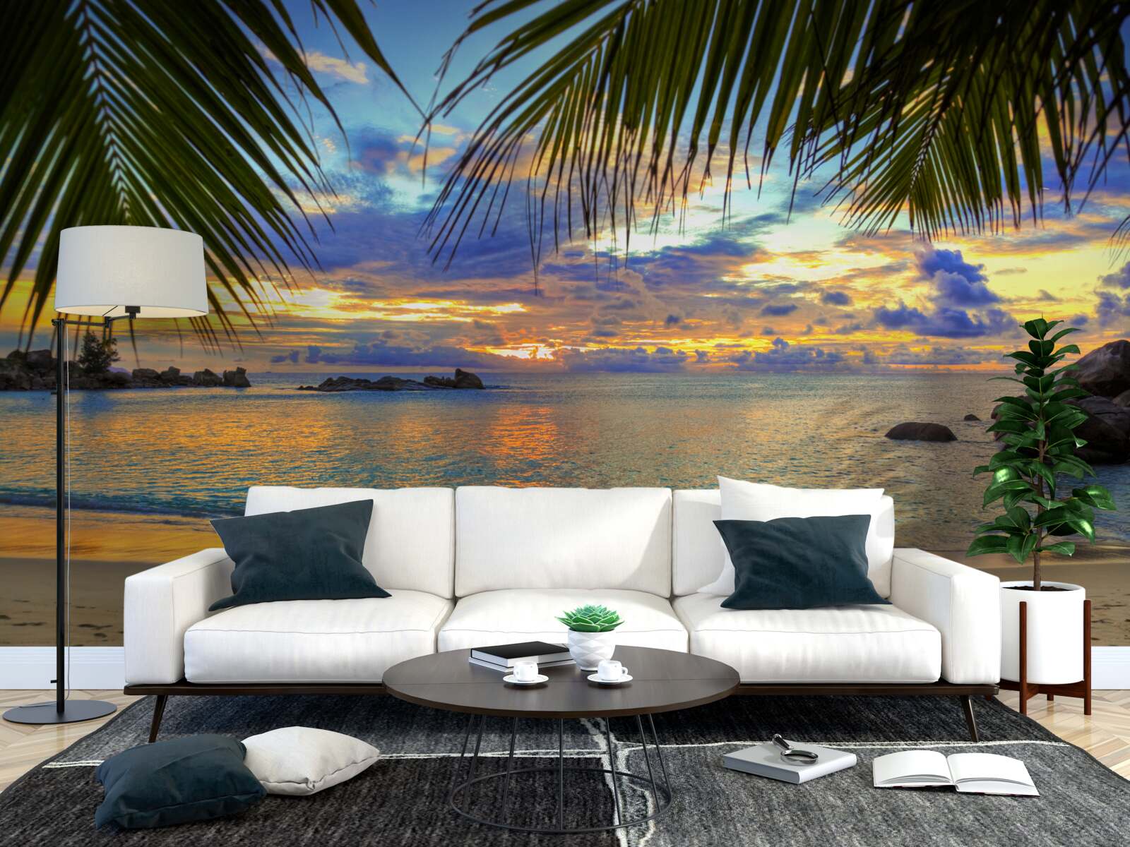 Fototapeta breh je orámovaný pokojným tropickým západom slnka