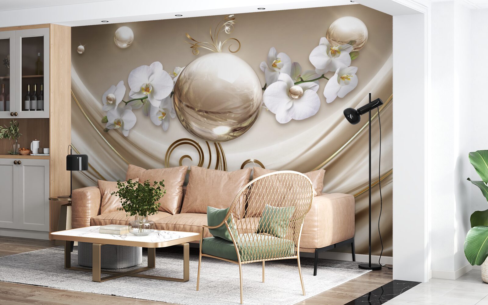Fototapeta guľa zlatých a snehovo bielych orchideí