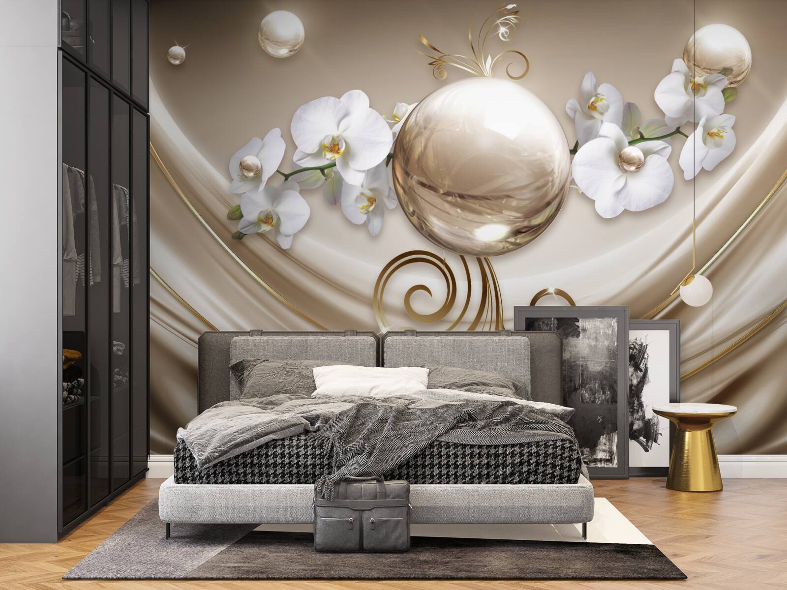 Fototapeta guľa zlatých a snehovo bielych orchideí