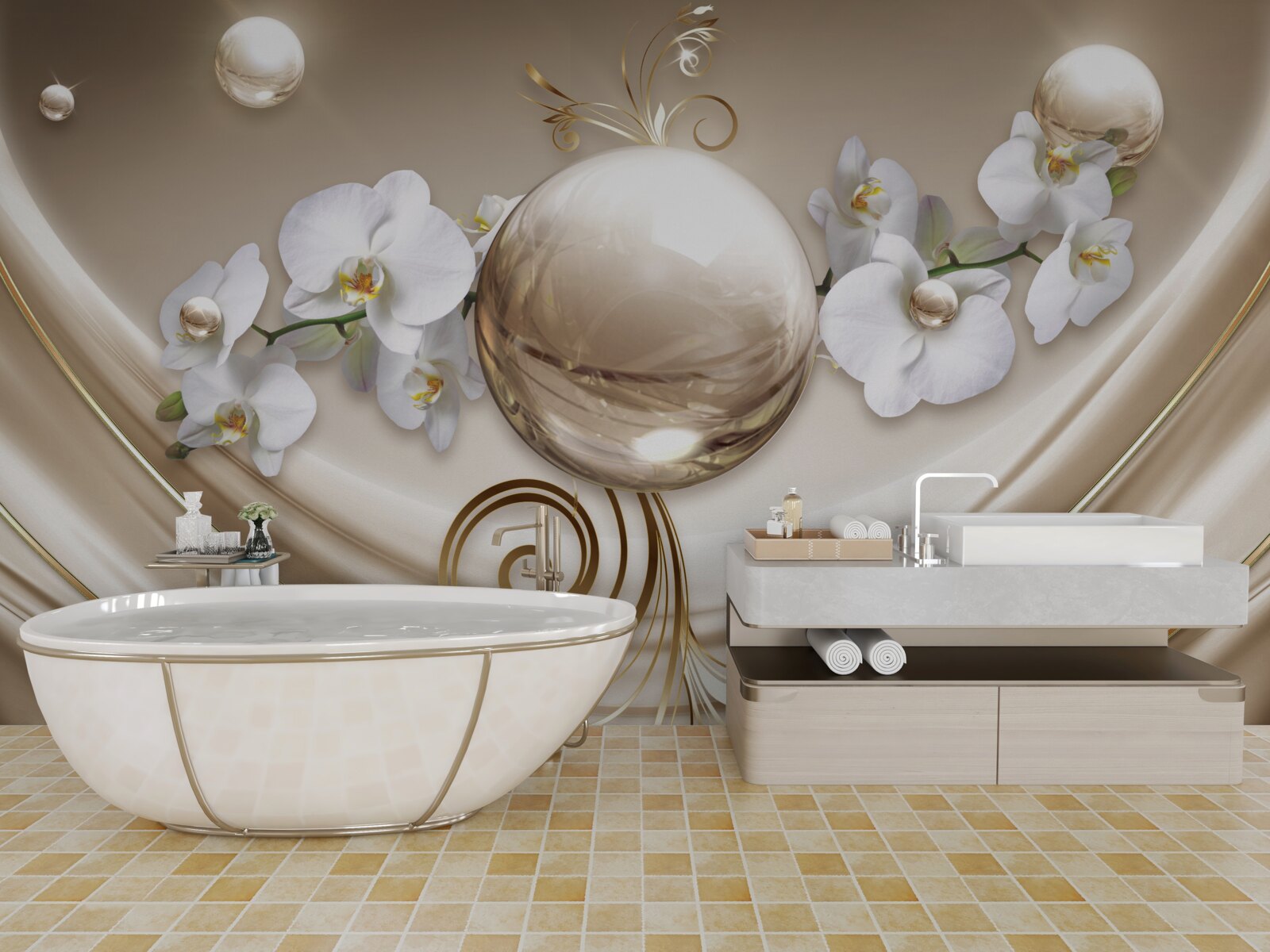 Fototapeta guľa zlatých a snehovo bielych orchideí