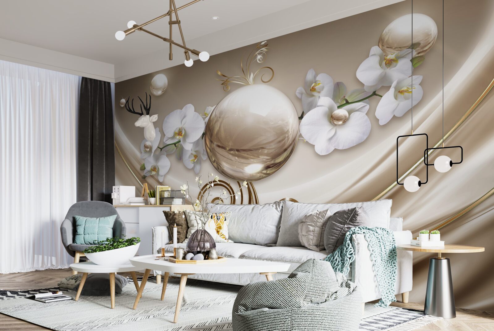 Fototapeta guľa zlatých a snehovo bielych orchideí