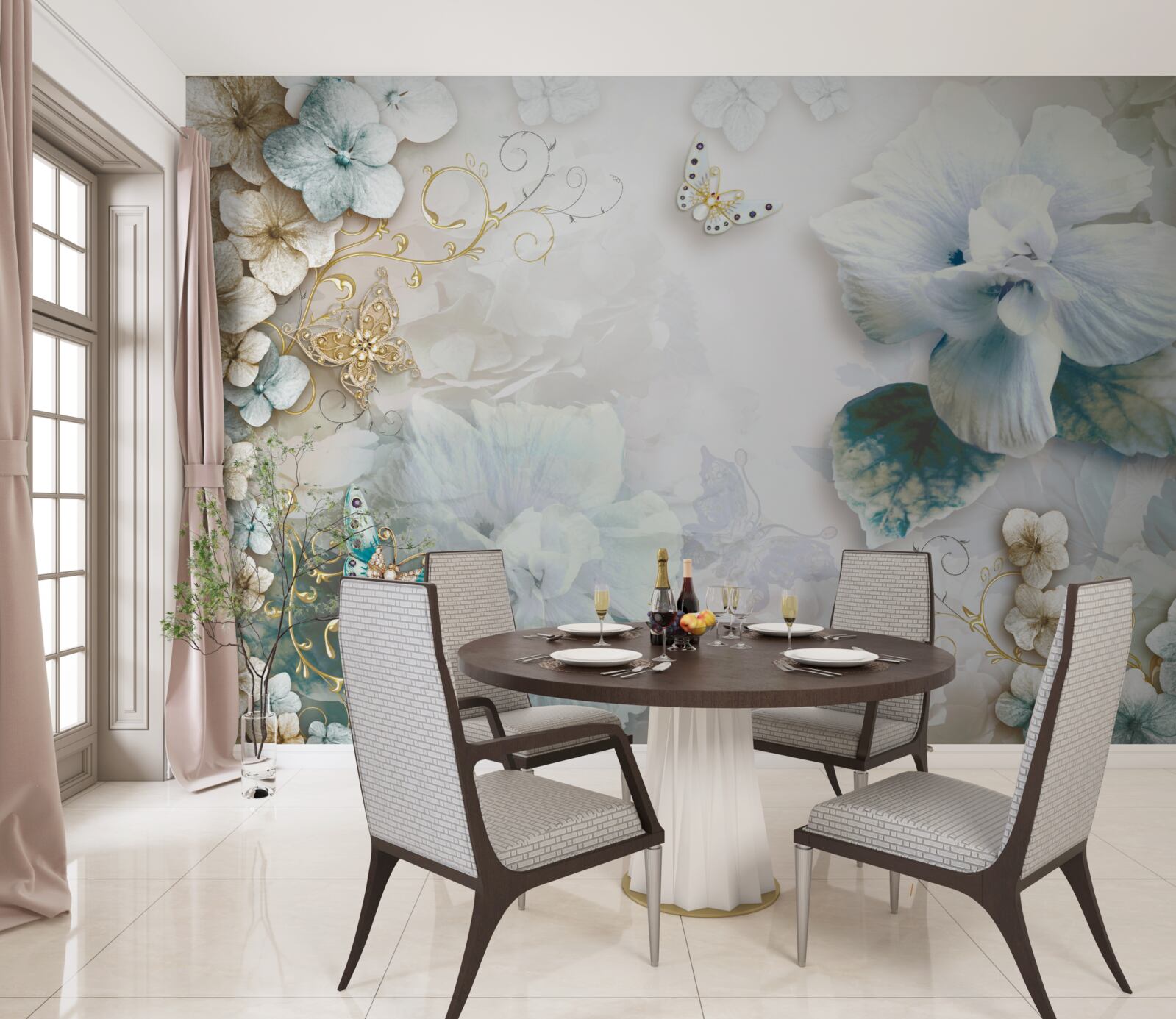 Fototapeta motýle a kvety v odtieňoch tyrkysovej