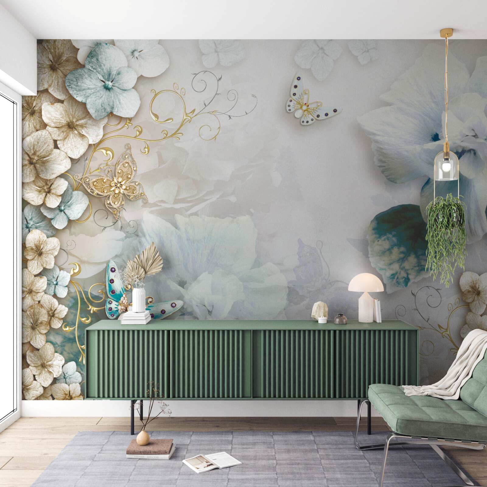 Fototapeta motýle a kvety v odtieňoch tyrkysovej