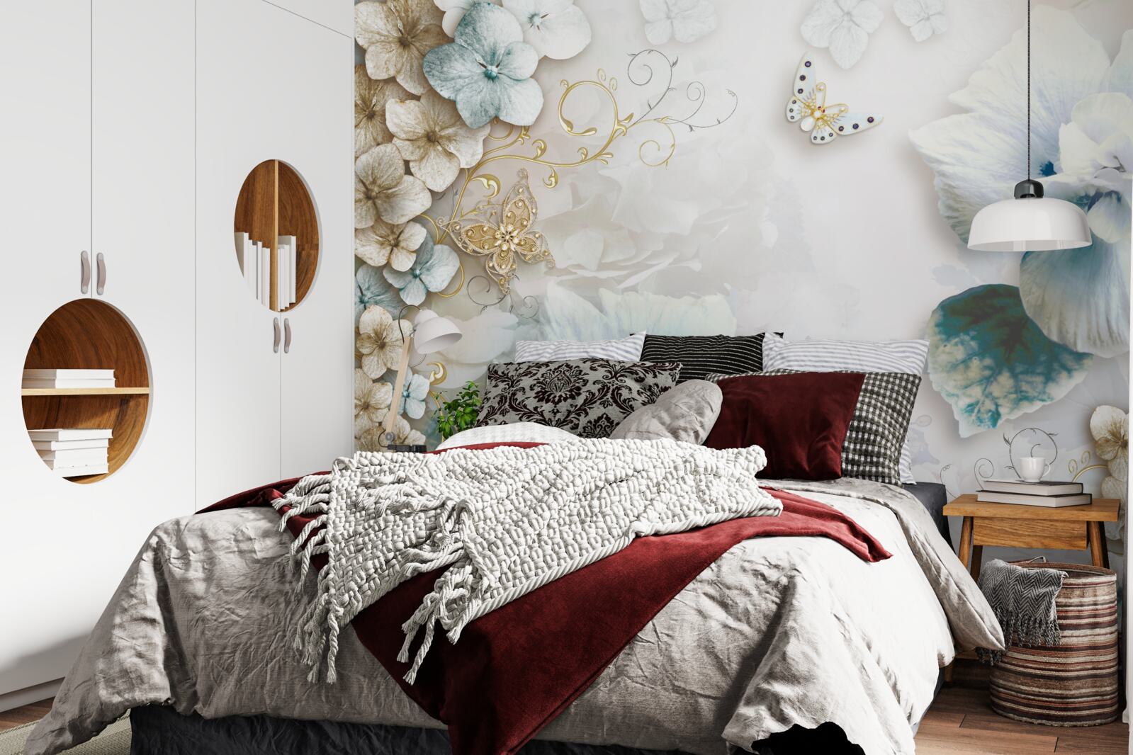 Fototapeta motýle a kvety v odtieňoch tyrkysovej