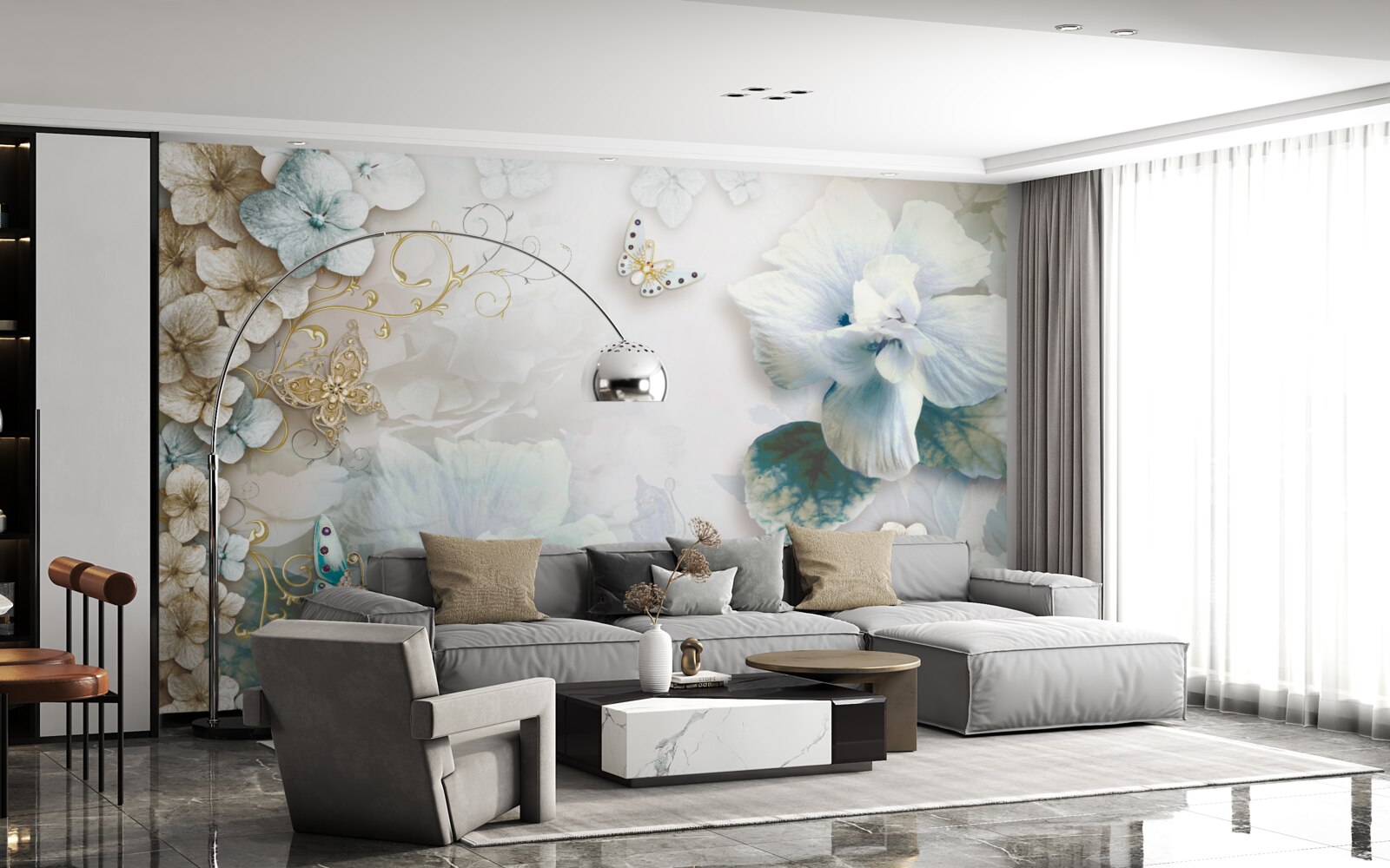 Fototapeta motýle a kvety v odtieňoch tyrkysovej