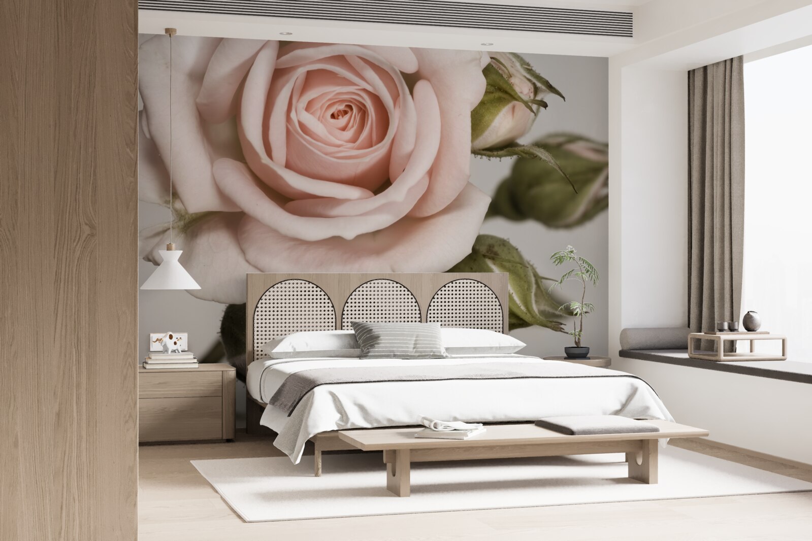 Fototapeta ruža v odtieni púdrovej ružovej a jej kvetné puky