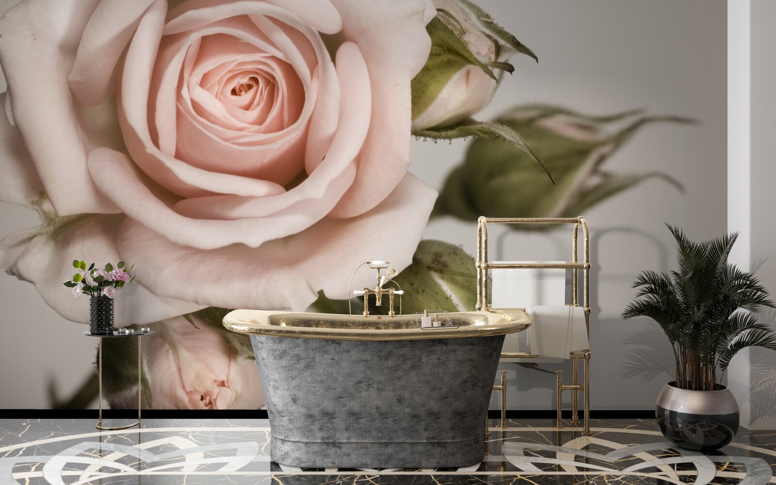 Fototapeta ruža v odtieni púdrovej ružovej a jej kvetné puky