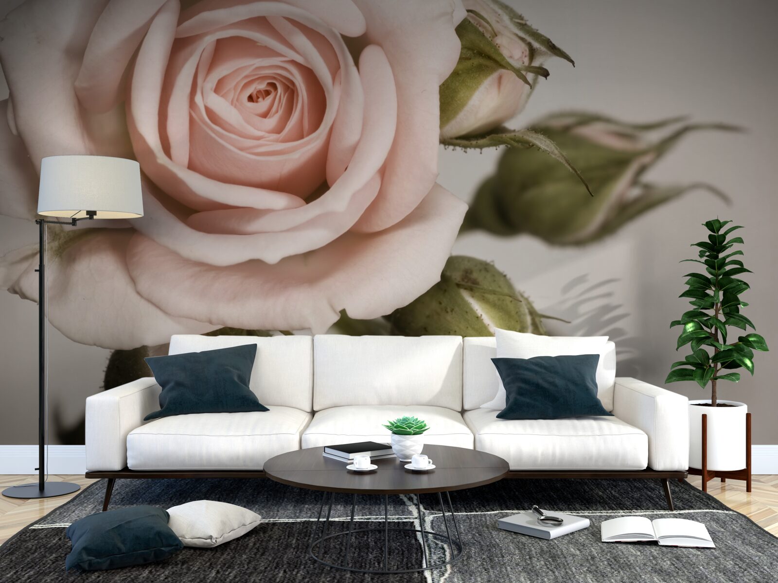 Fototapeta ruža v odtieni púdrovej ružovej a jej kvetné puky