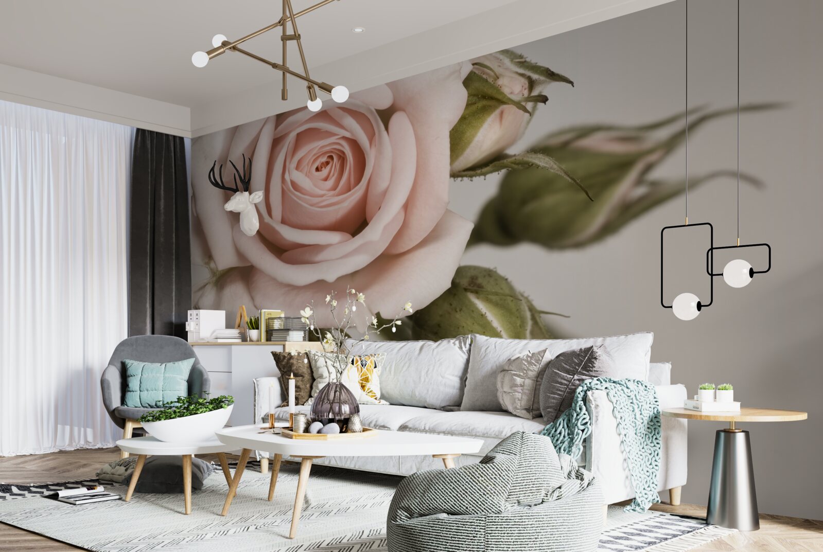 Fototapeta ruža v odtieni púdrovej ružovej a jej kvetné puky