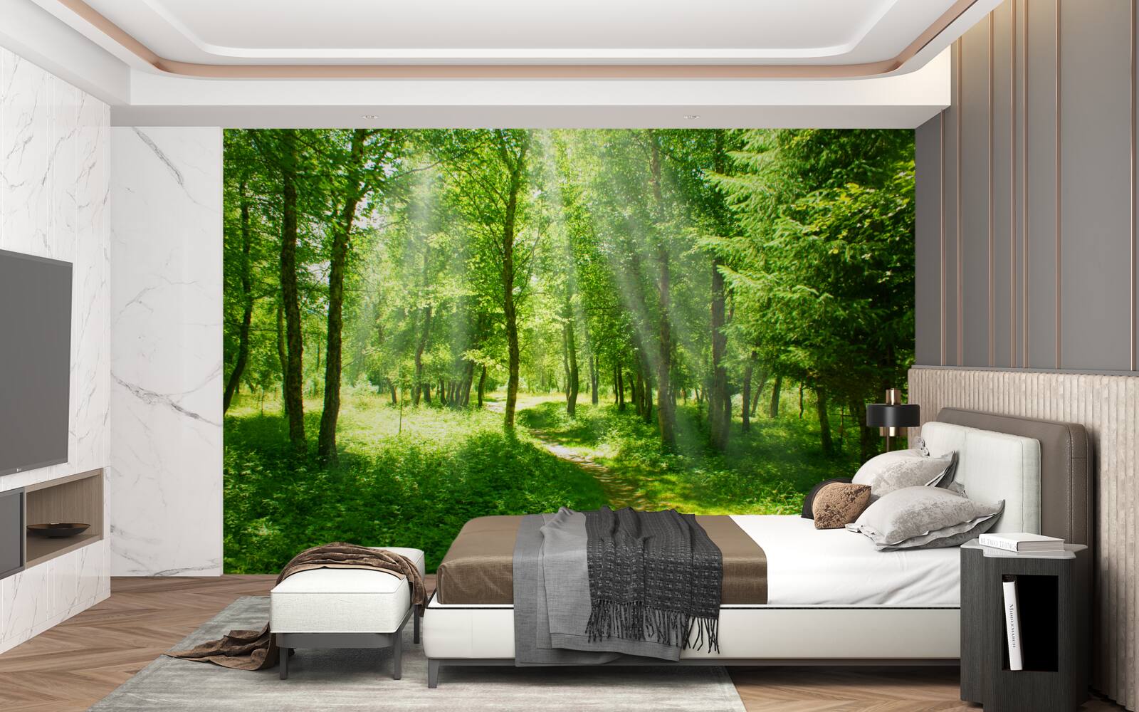 Fototapeta slnečné lúče prenikajú jasne cez koruny lesných stromov