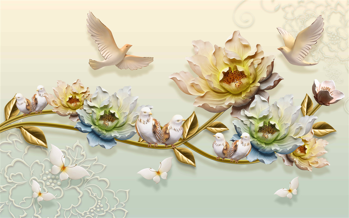 Fototapeta konár ozdobený kvetmi, na ňom holuby