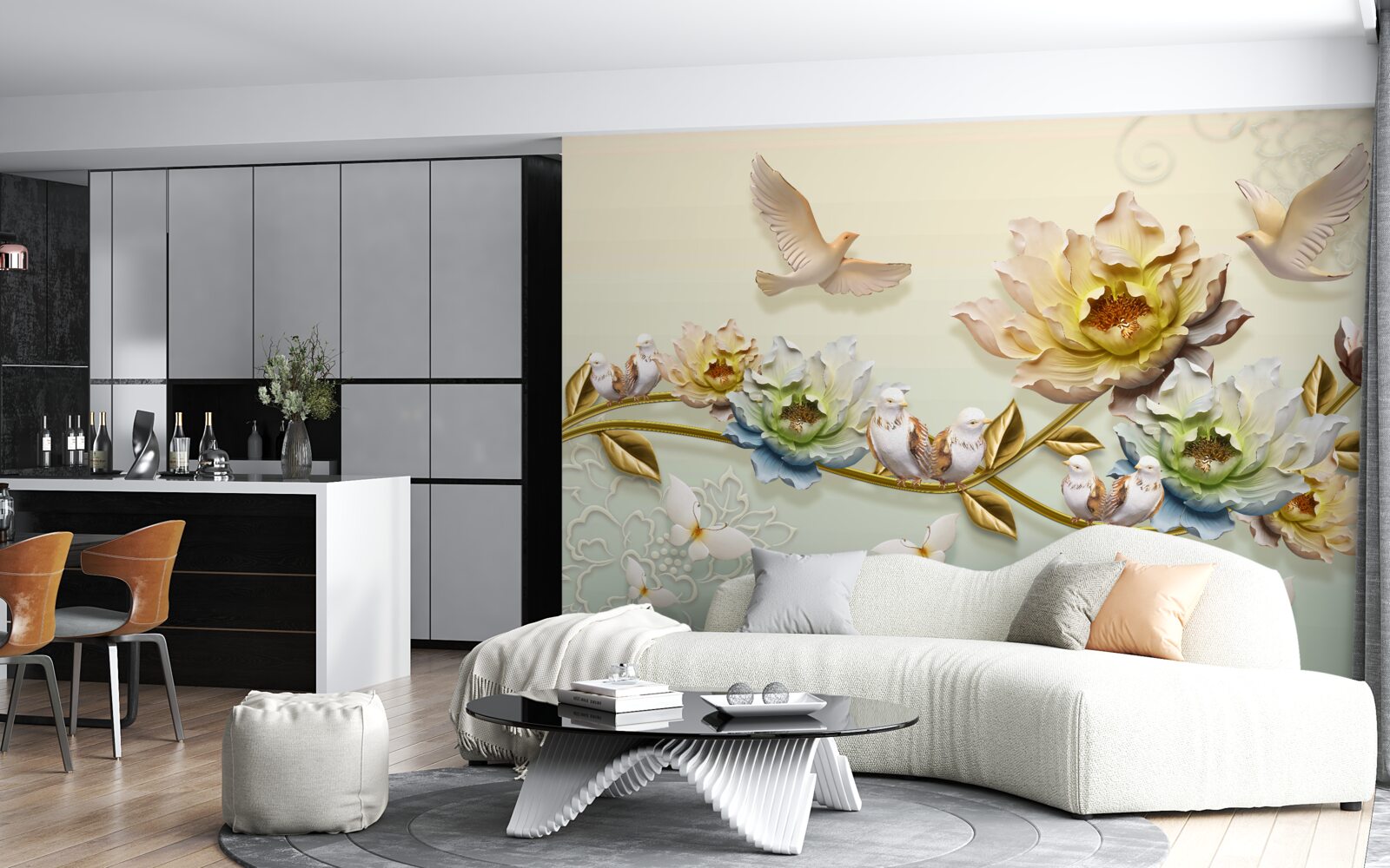 Fototapeta konár ozdobený kvetmi, na ňom holuby