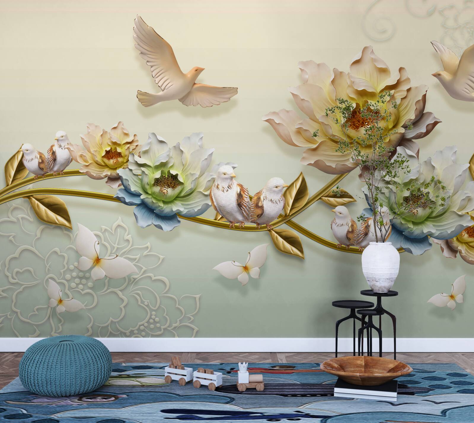 Fototapeta konár ozdobený kvetmi, na ňom holuby