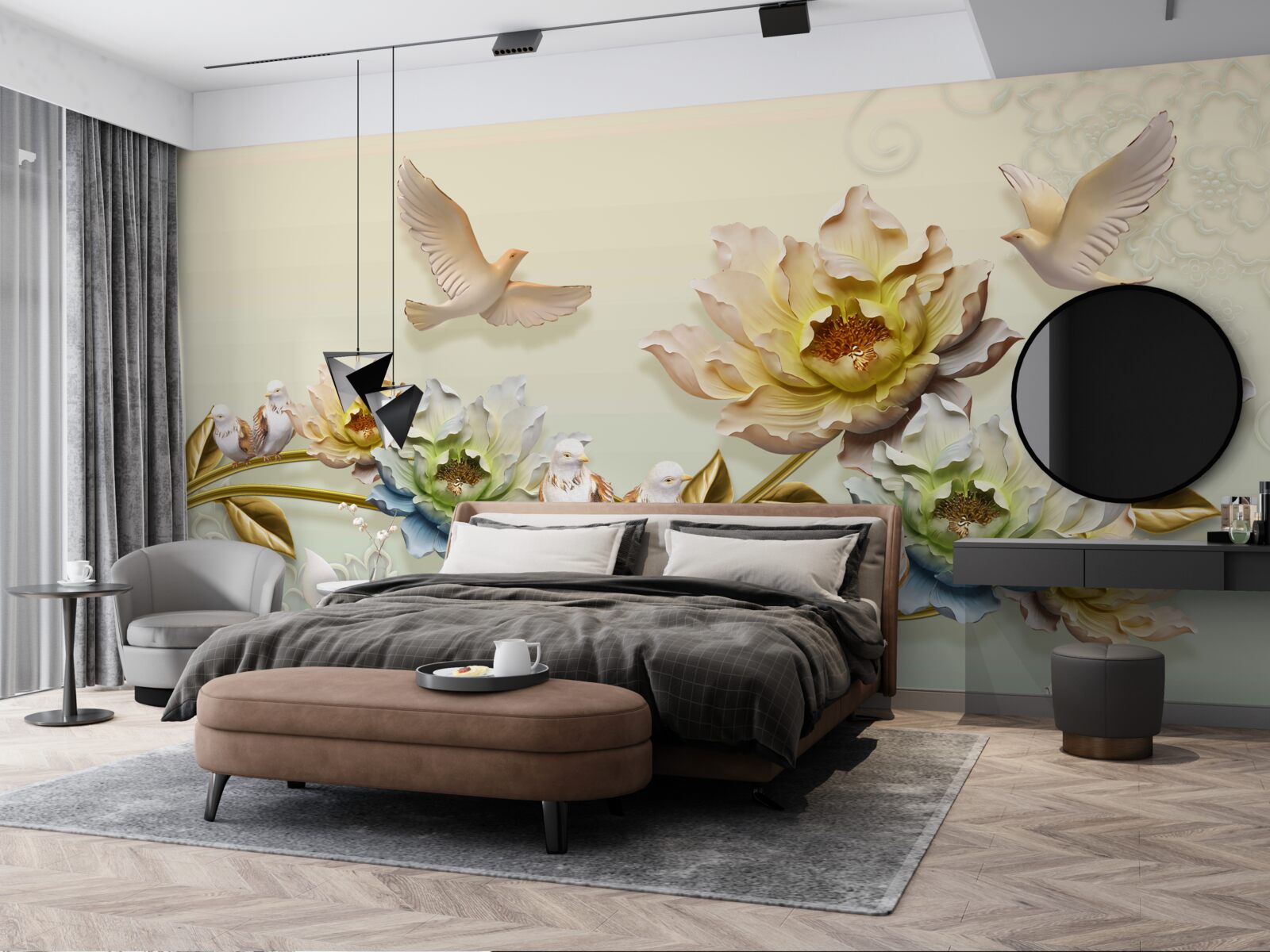 Fototapeta konár ozdobený kvetmi, na ňom holuby