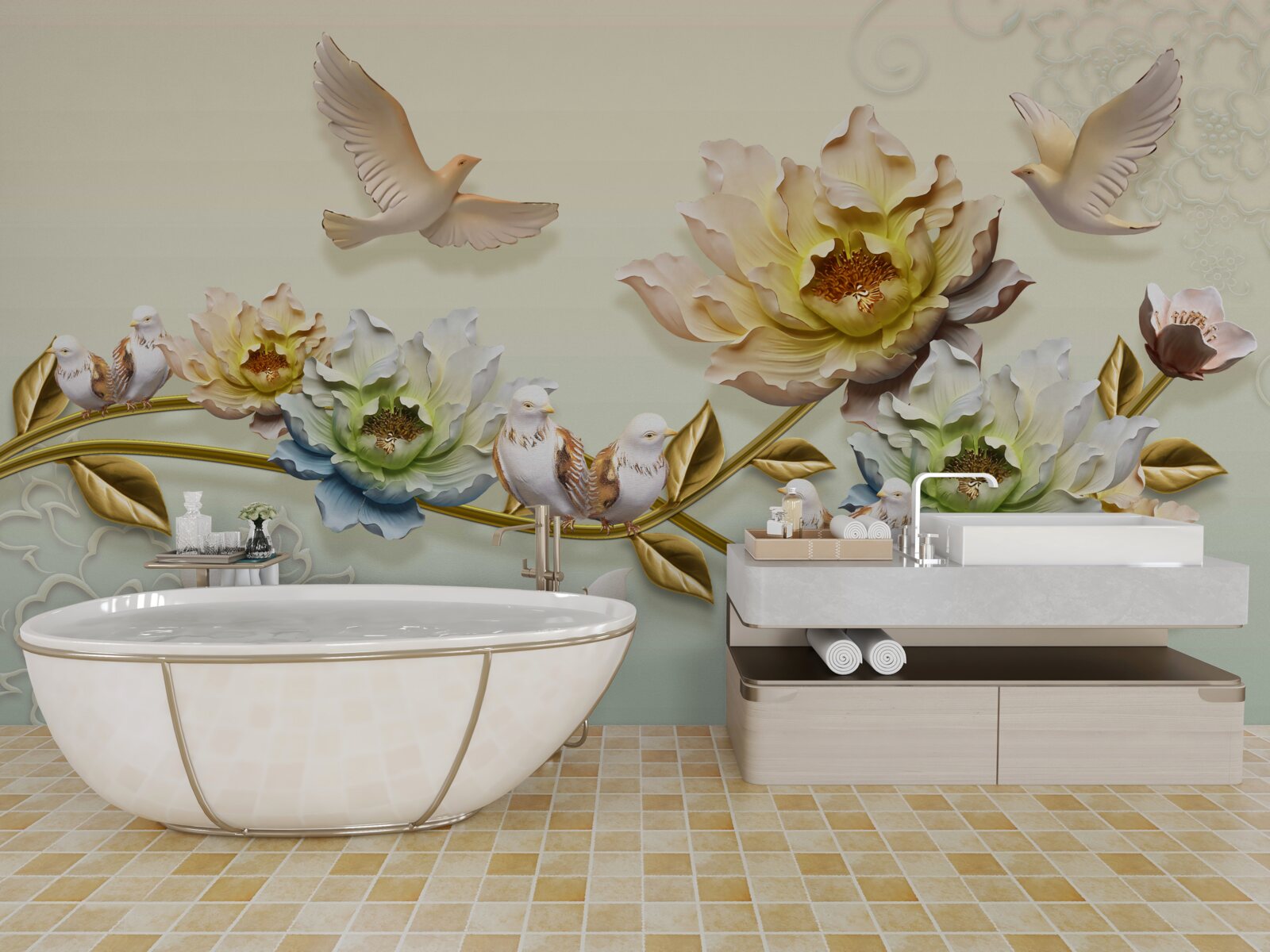 Fototapeta konár ozdobený kvetmi, na ňom holuby