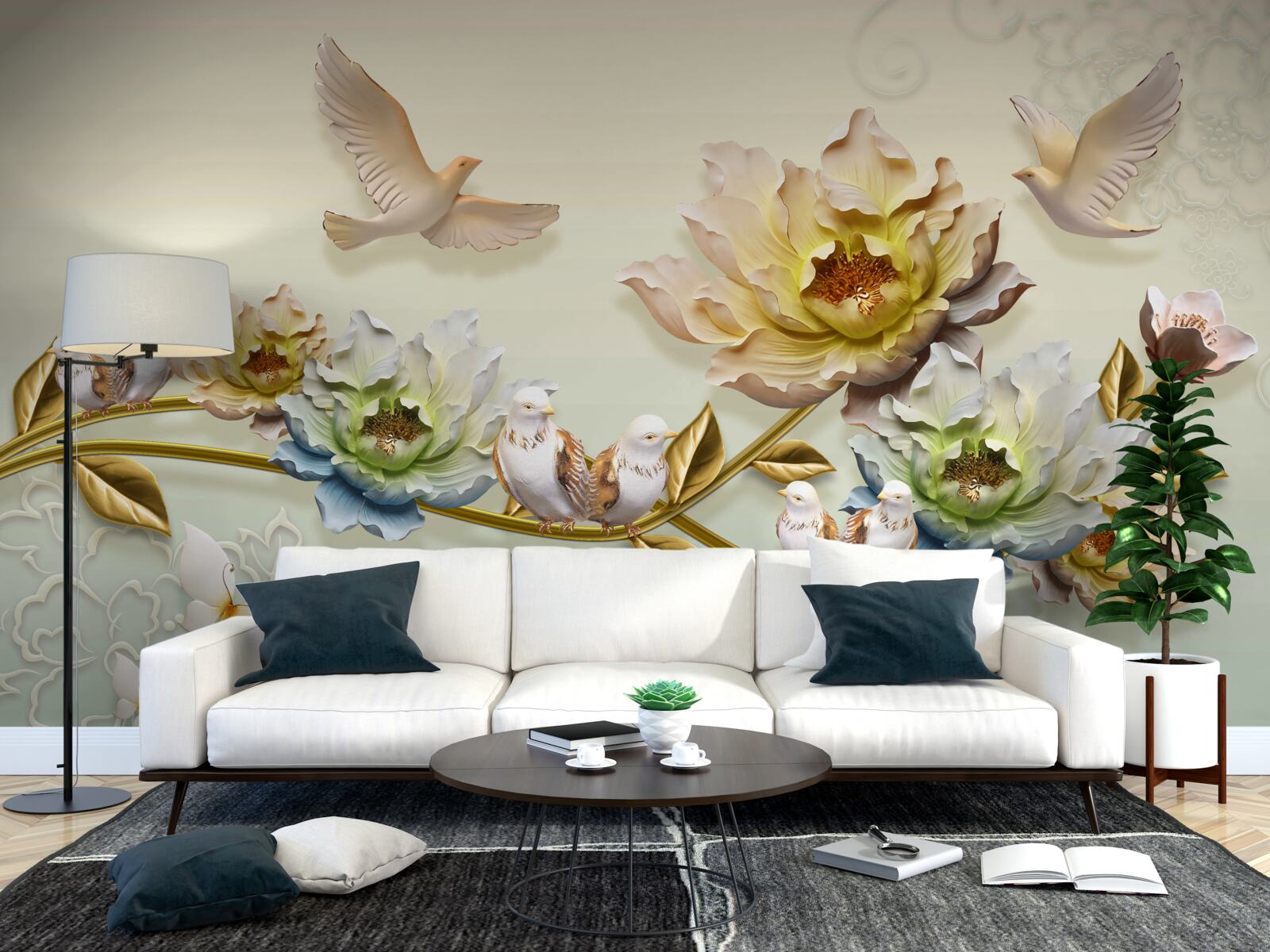 Fototapeta konár ozdobený kvetmi, na ňom holuby