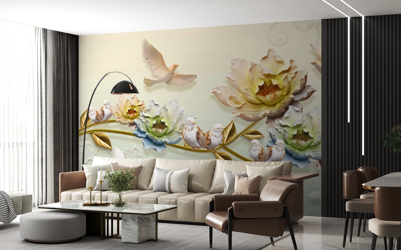 Fototapeta konár ozdobený kvetmi, na ňom holuby