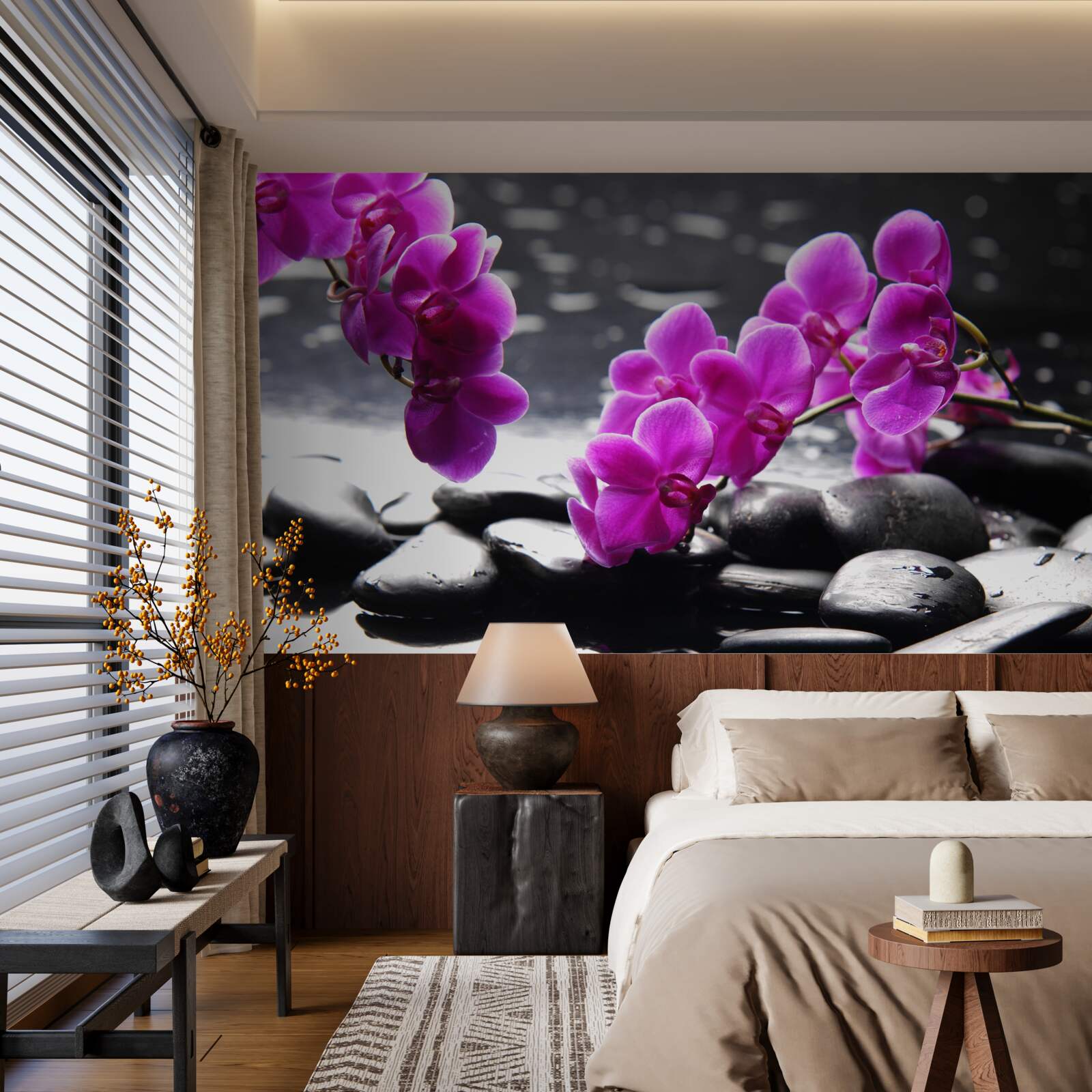 Fototapeta orchidea s lila odtieňom, osadená na matných čiernych kameňoch