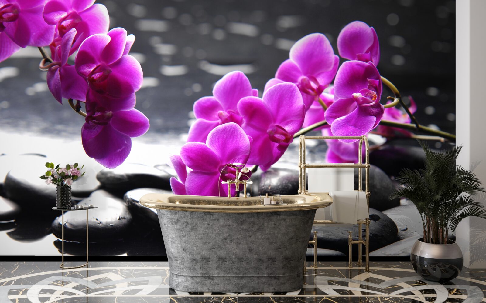 Fototapeta orchidea s lila odtieňom, osadená na matných čiernych kameňoch