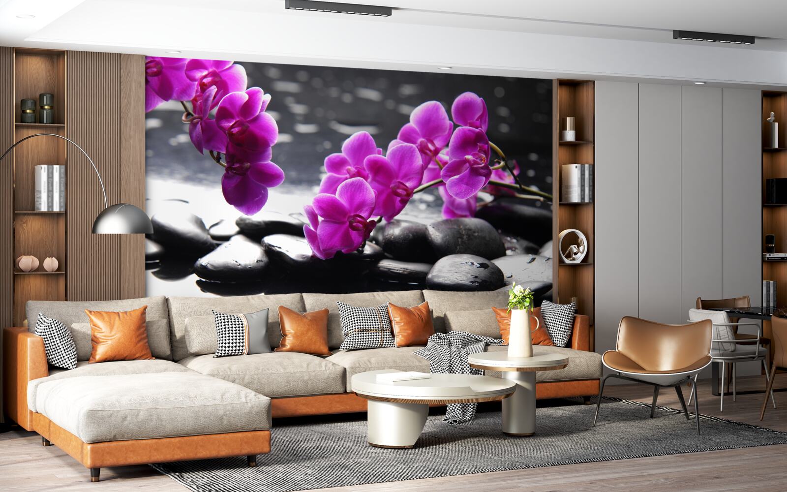 Fototapeta orchidea s lila odtieňom, osadená na matných čiernych kameňoch