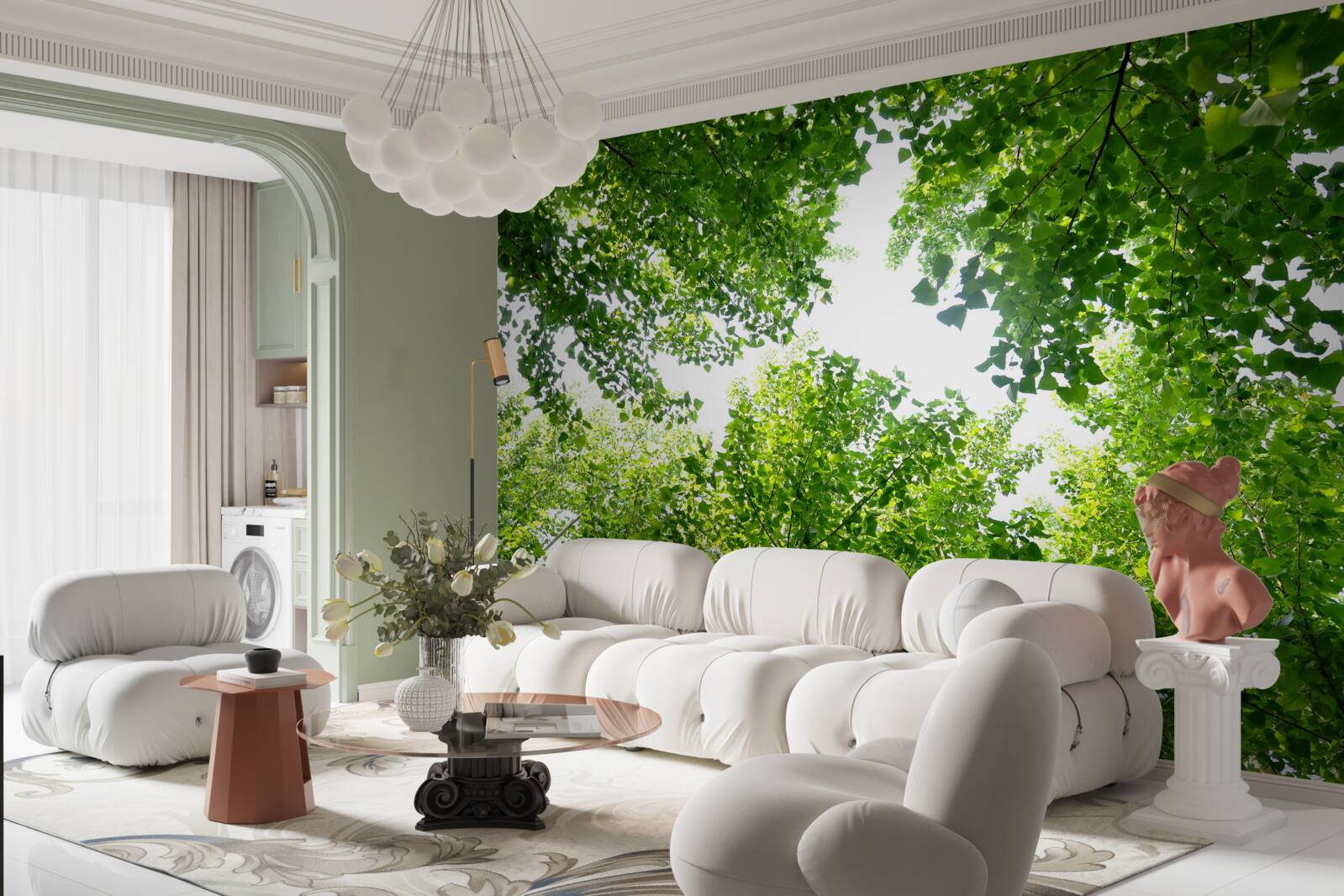 Fototapeta biela obloha zvýraznená zelenými listami