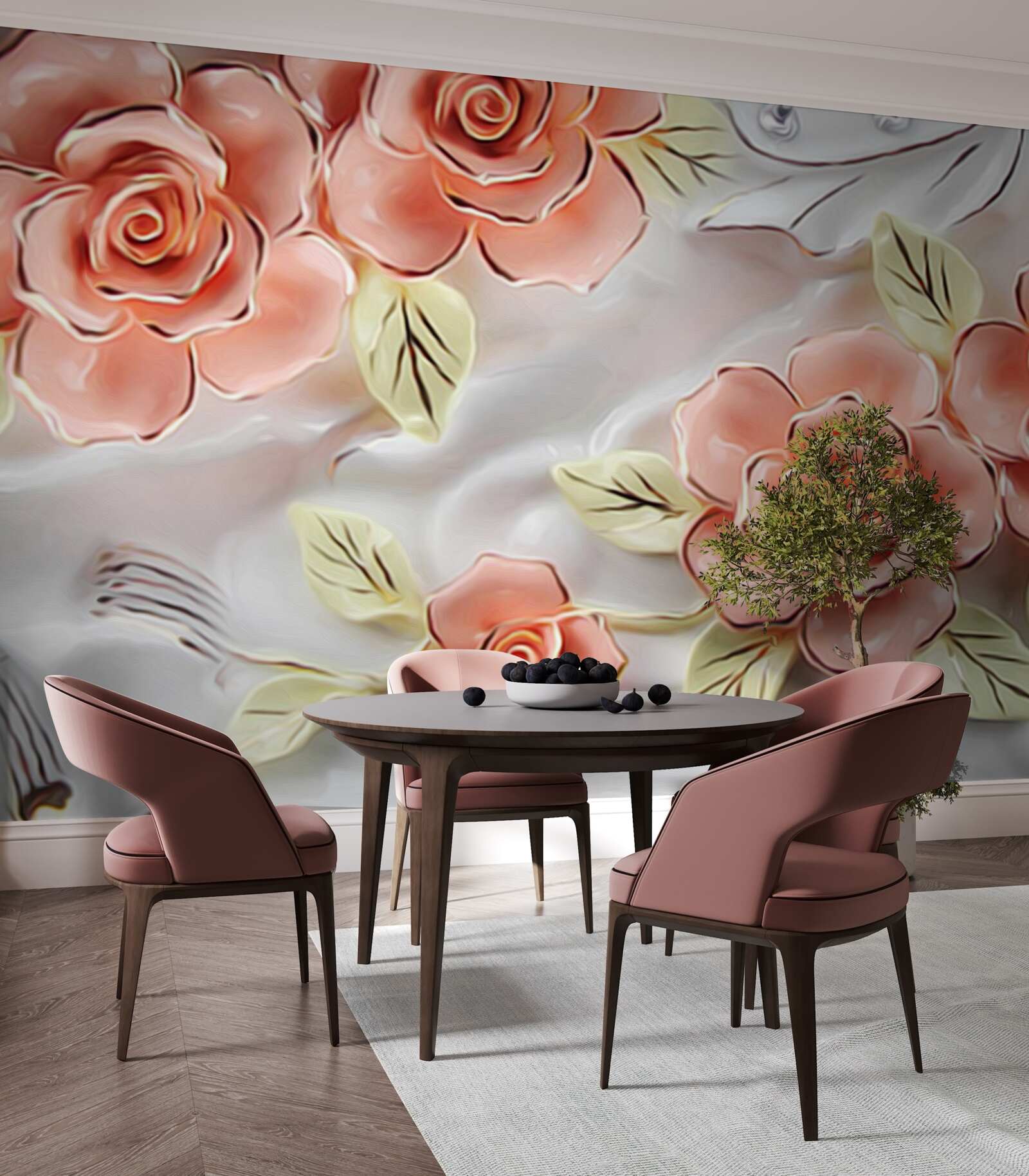 Fototapeta ružové ruže so zelenými listami