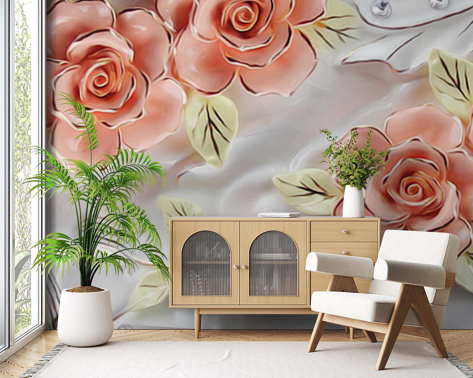 Fototapeta ružové ruže so zelenými listami