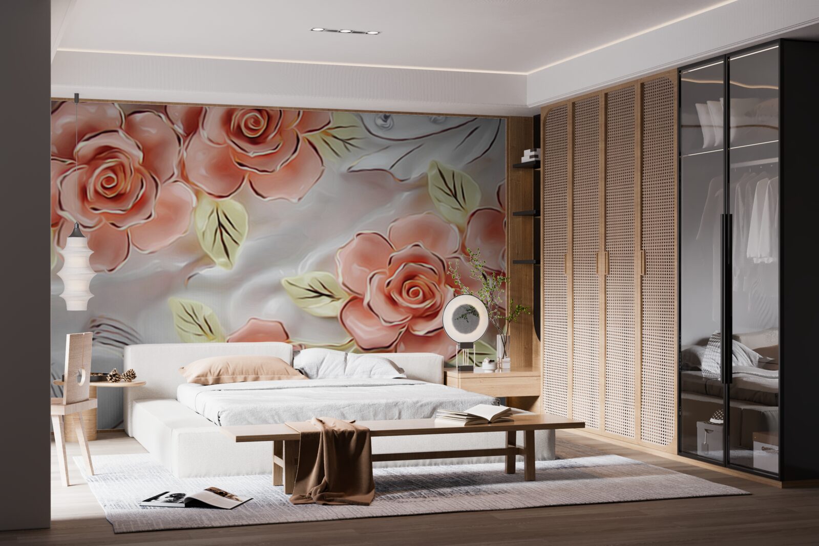 Fototapeta ružové ruže so zelenými listami