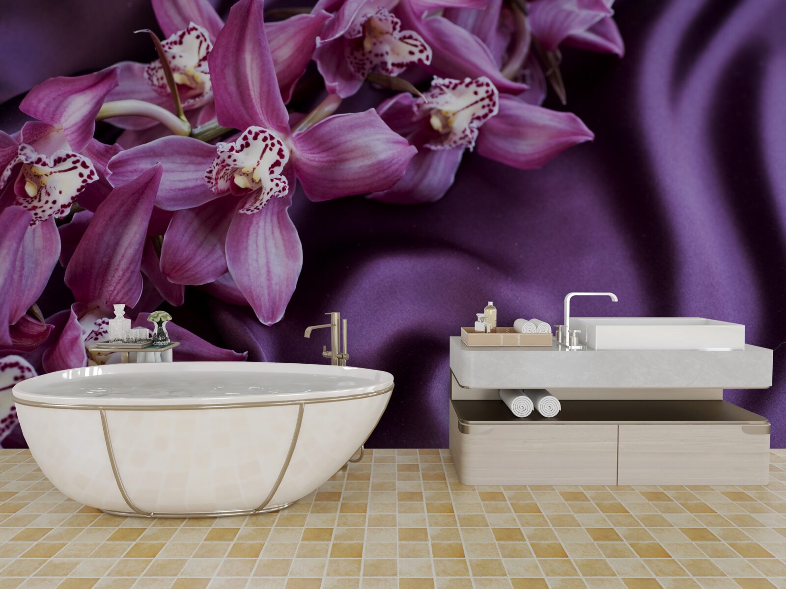 Fototapeta fialové orchidey na saténe v rovnakom odtieni