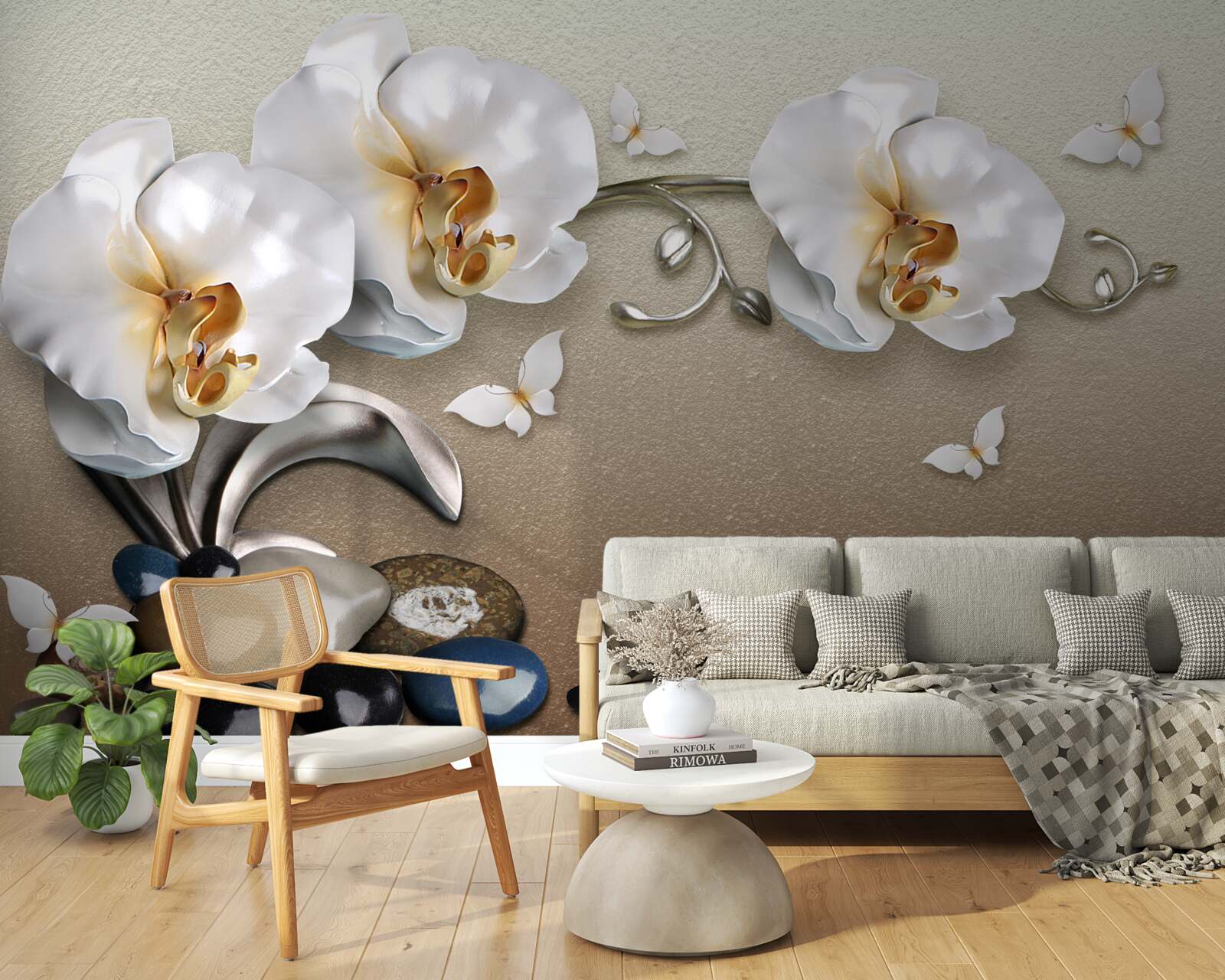 Fototapeta kamene, snehobiele kvety a motýle