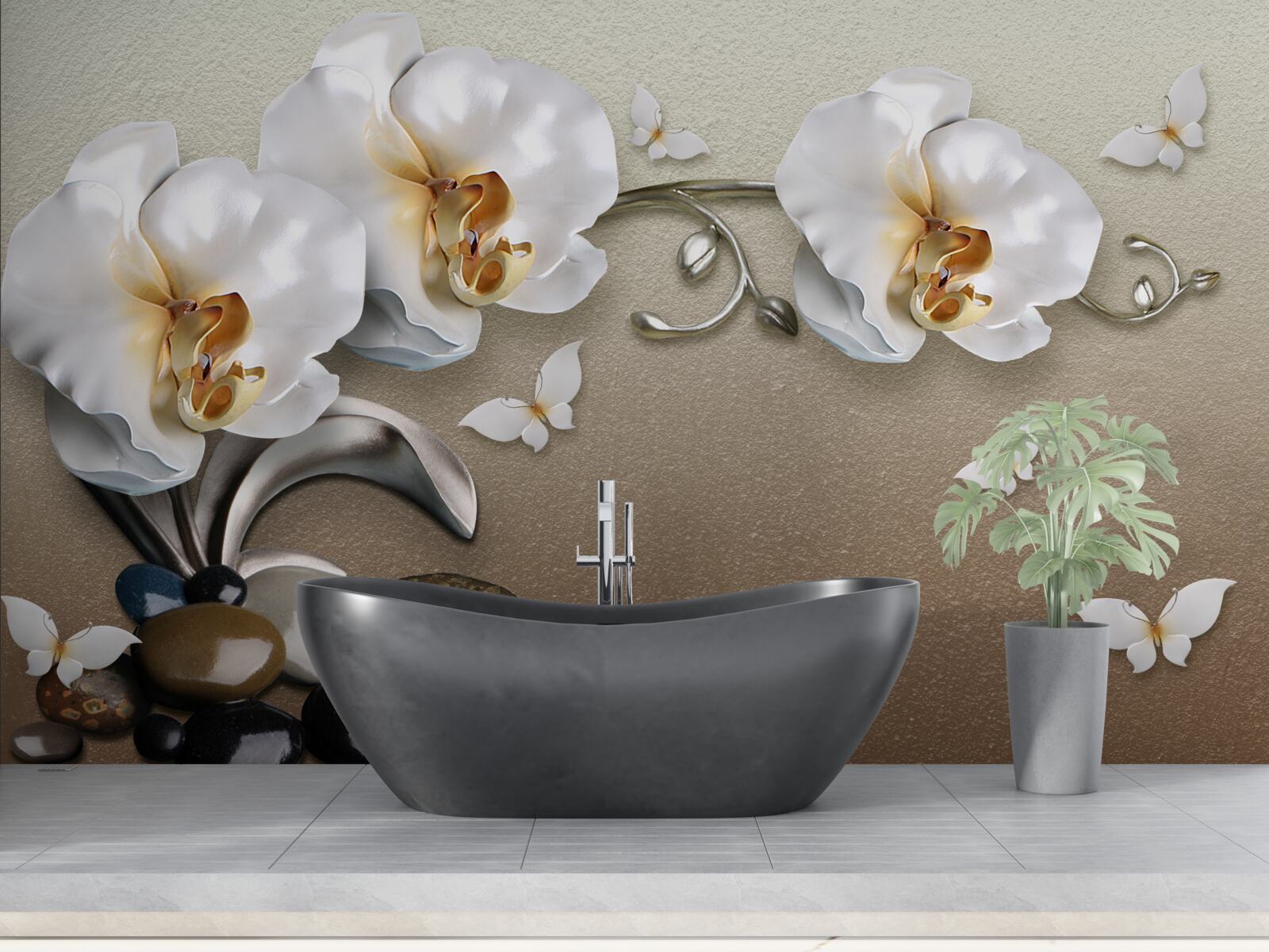 Fototapeta kamene, snehobiele kvety a motýle