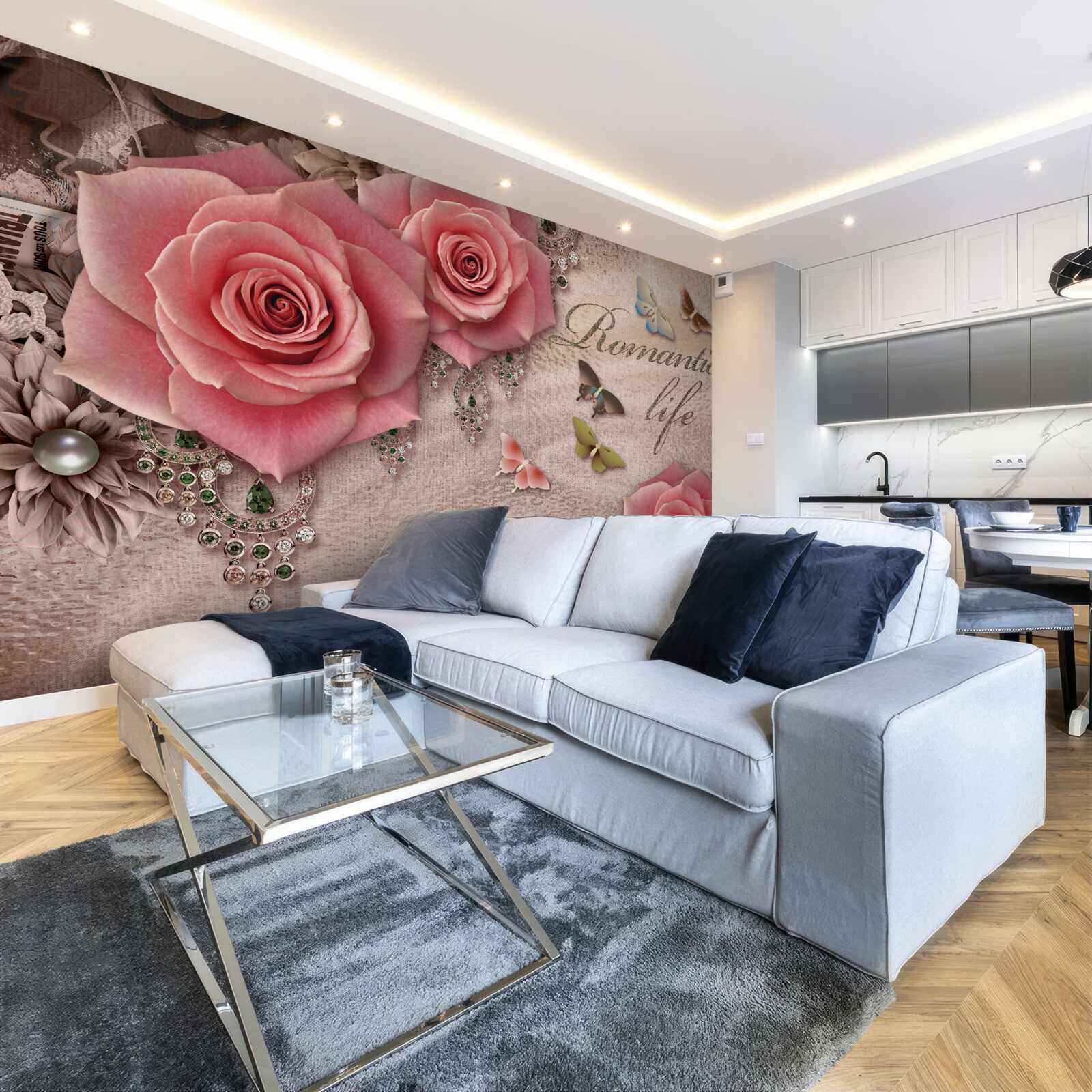 Fototapeta miniatúrny lietajúci hmyz a veľké svetloružové kvety