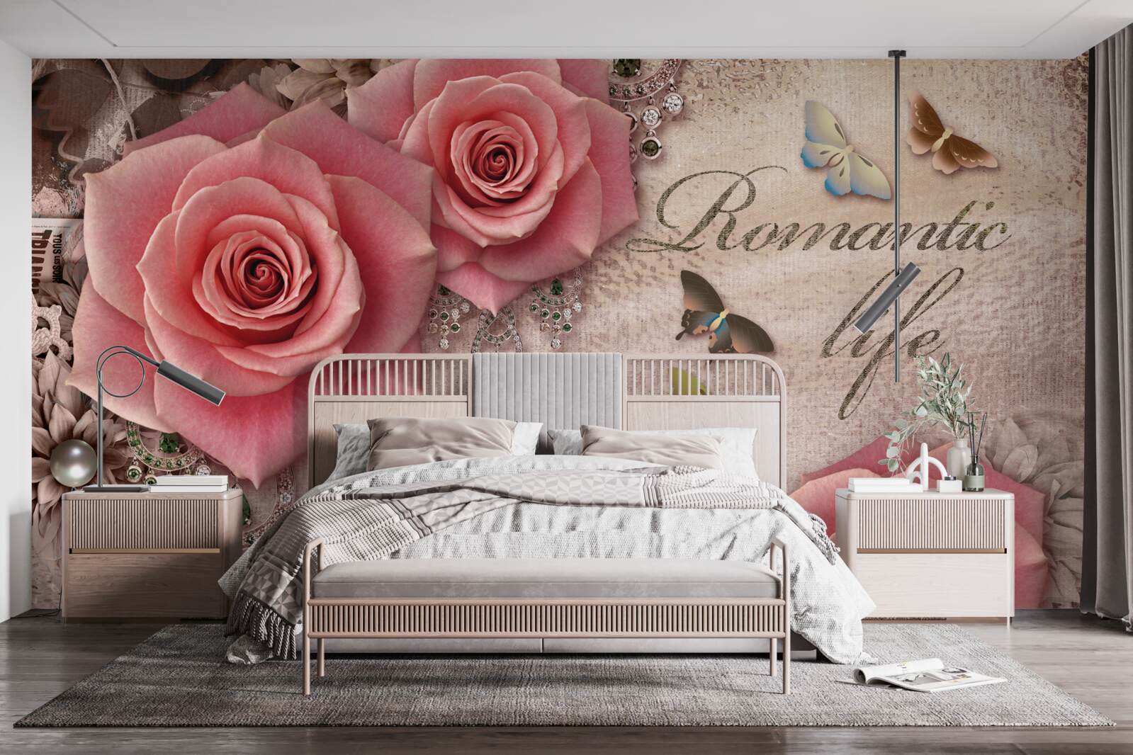 Fototapeta miniatúrny lietajúci hmyz a veľké svetloružové kvety