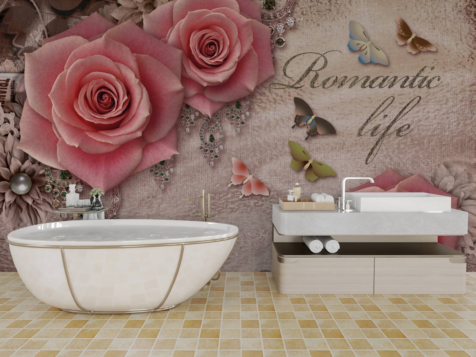 Fototapeta miniatúrny lietajúci hmyz a veľké svetloružové kvety