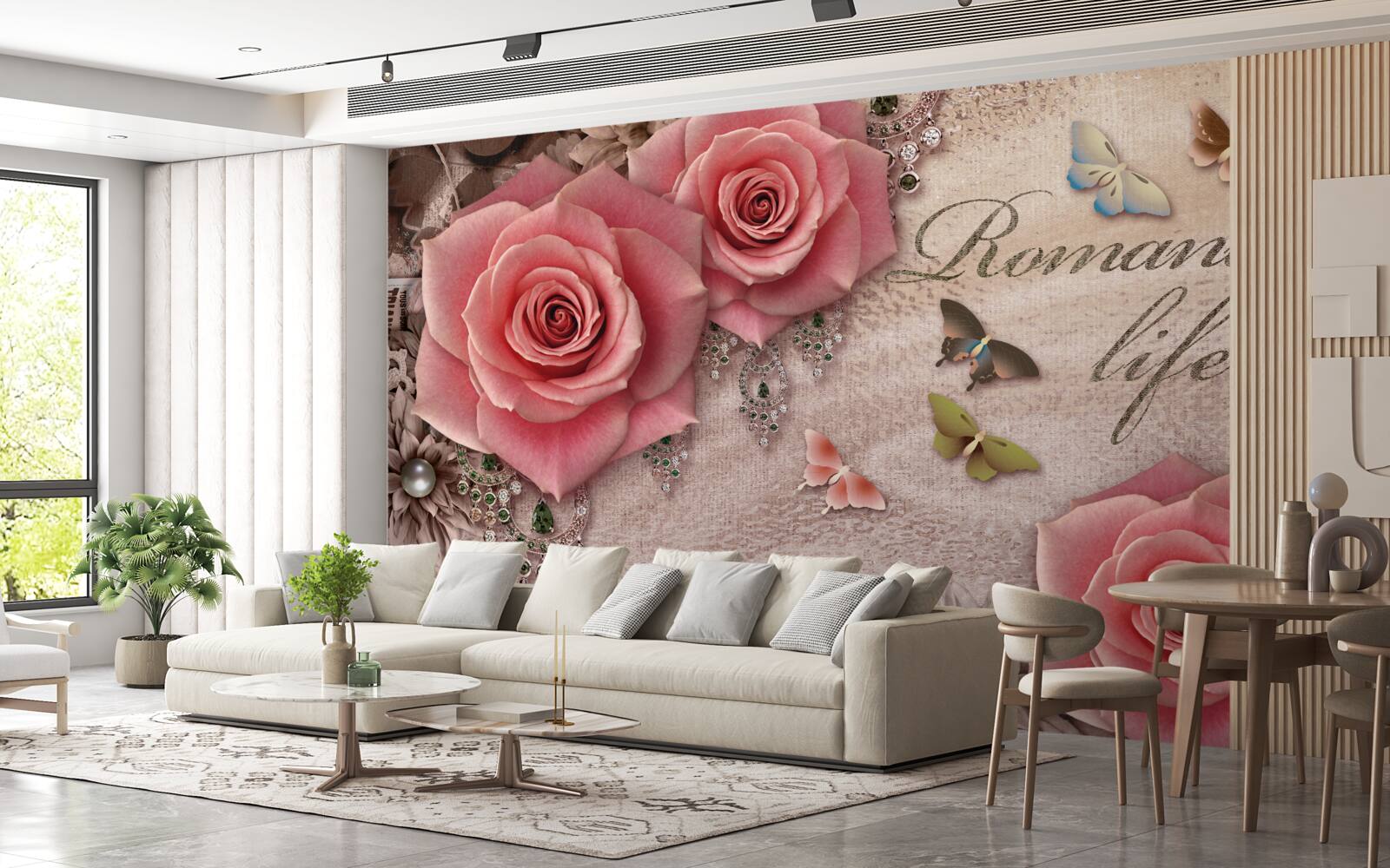 Fototapeta miniatúrny lietajúci hmyz a veľké svetloružové kvety