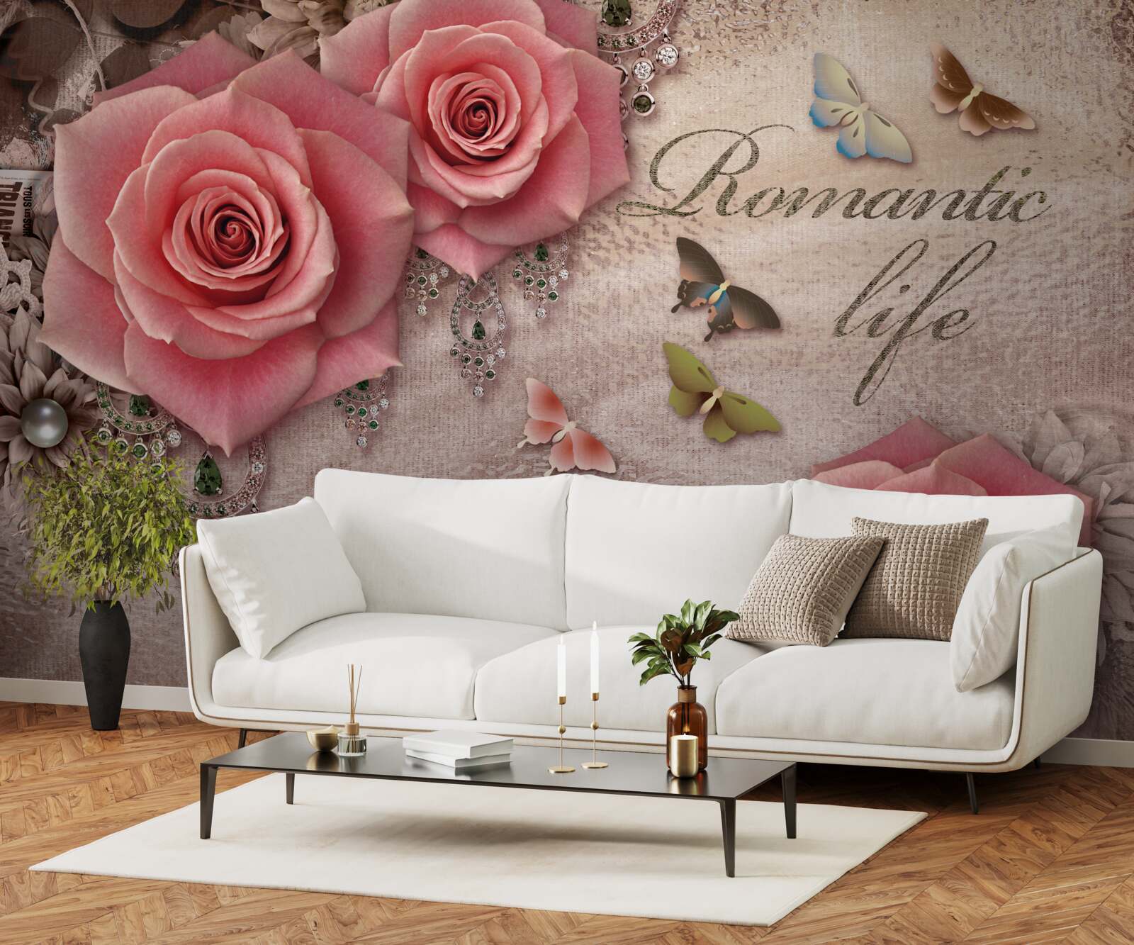 Fototapeta miniatúrny lietajúci hmyz a veľké svetloružové kvety