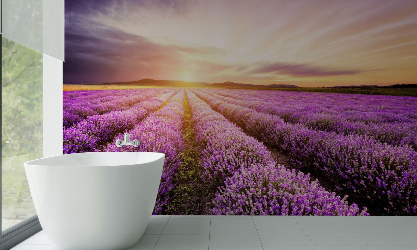 Fototapeta západ slnka nad levanduľovým poľom