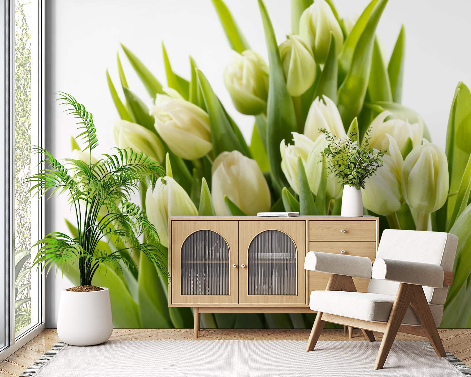 Fototapeta sada snehovo bielych tulipánov