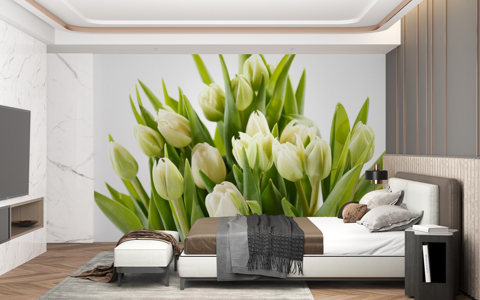 Fototapeta sada snehovo bielych tulipánov