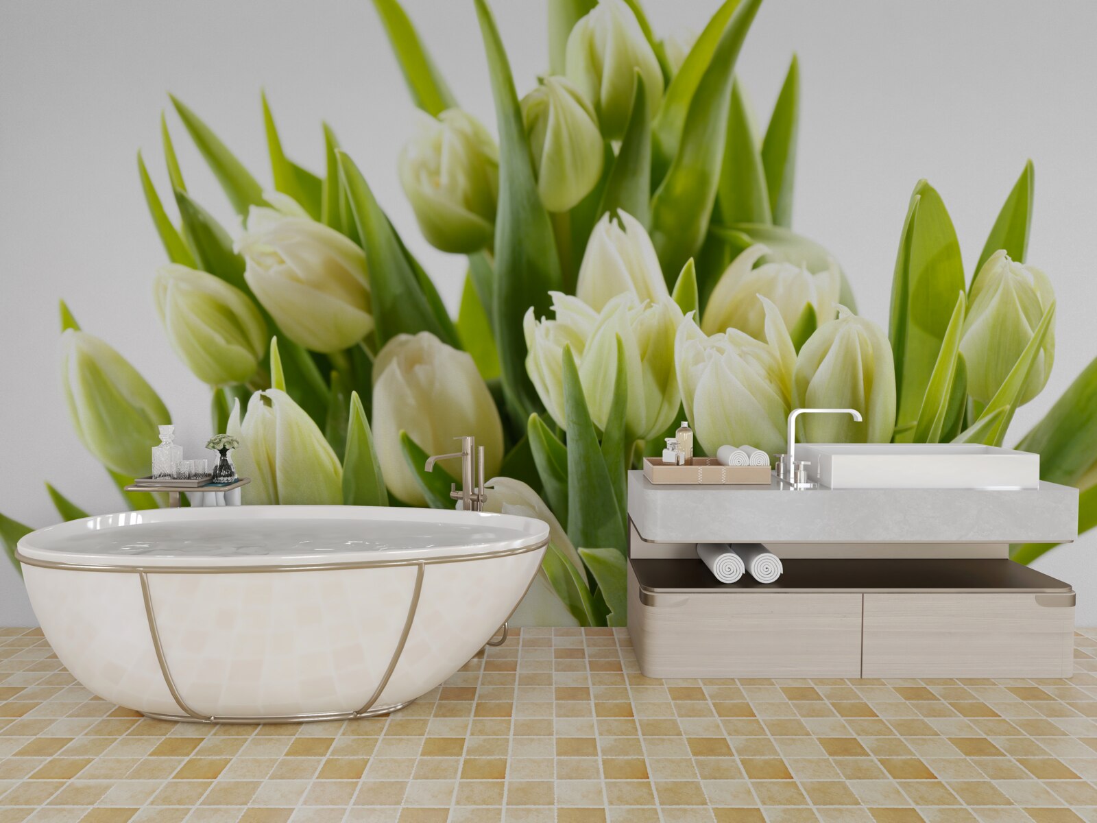 Fototapeta sada snehovo bielych tulipánov