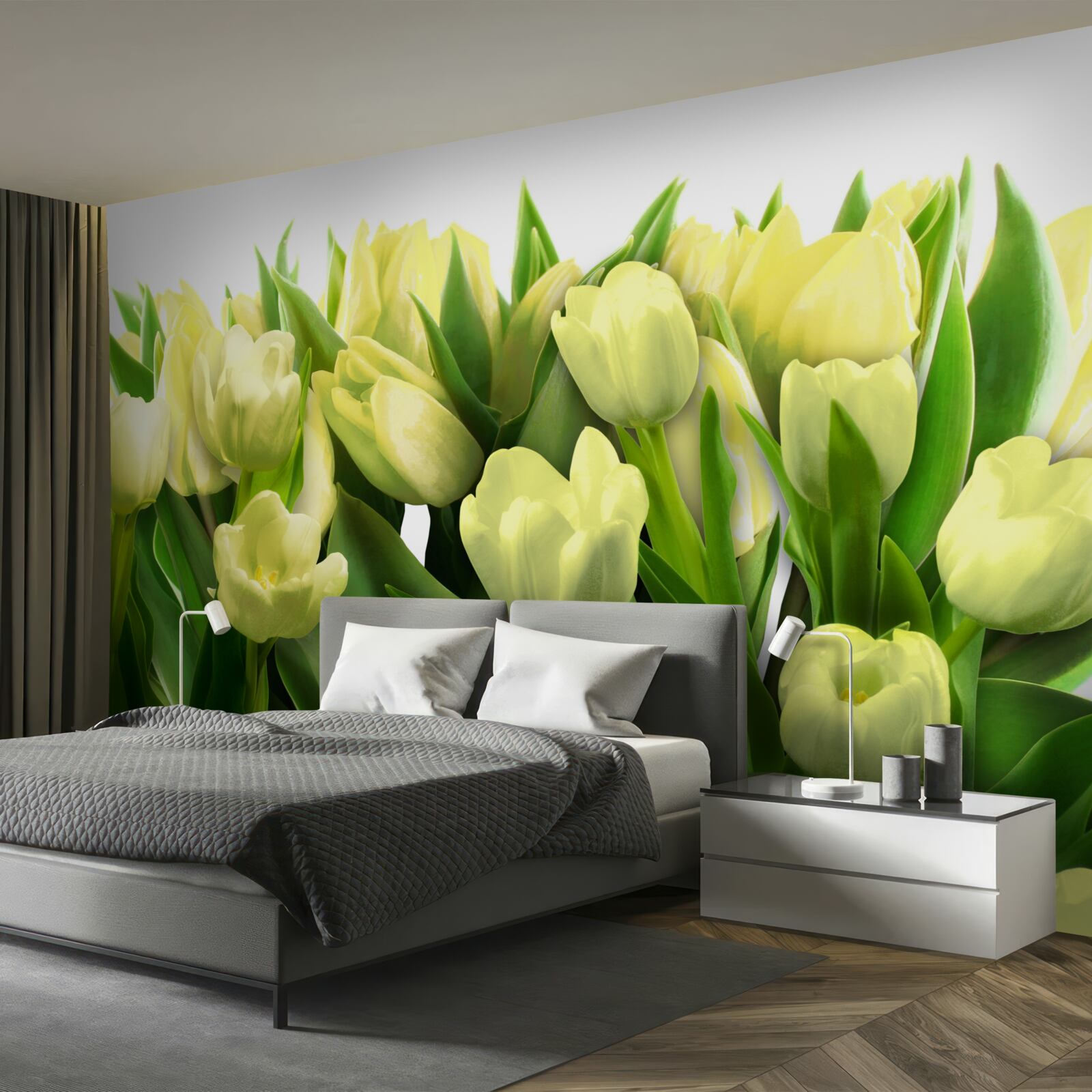 Fototapeta Žlté tulipány so zelenými listami