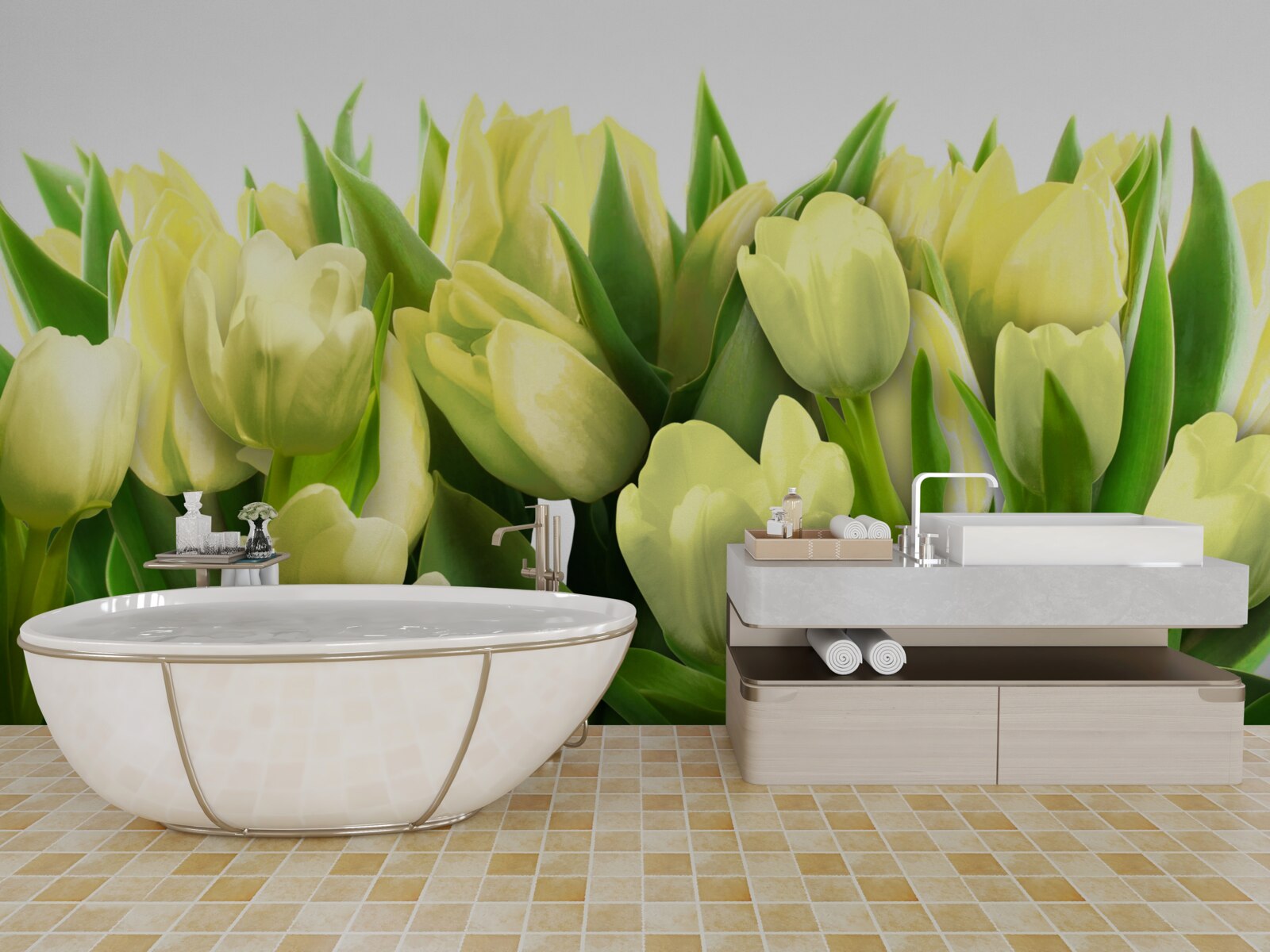 Fototapeta Žlté tulipány so zelenými listami